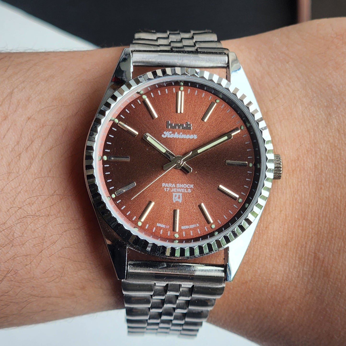 Vintage HMT Kohinoor Hand Winding 17 Jewels Brown Face Fluted Bezel Jubilee Bracelet Men's Wrist Watch G13