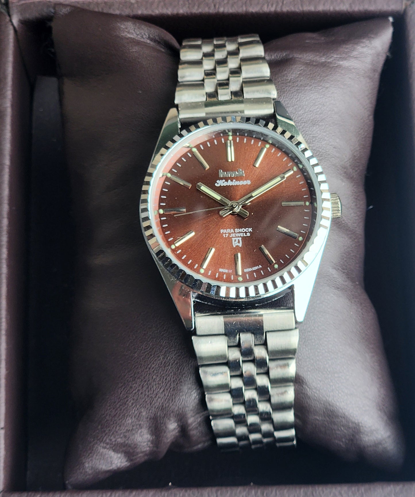 Vintage HMT Kohinoor Hand Winding 17 Jewels Brown Face Fluted Bezel Jubilee Bracelet Men's Wrist Watch G13
