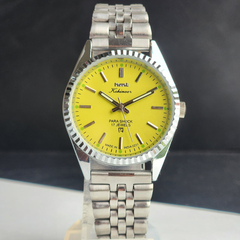 Vintage MOD HMT Kohinoor Hand Winding 17 Jewels Yellow Face Fluted Bezel Jubilee Bracelet Men's Wrist Watch G14