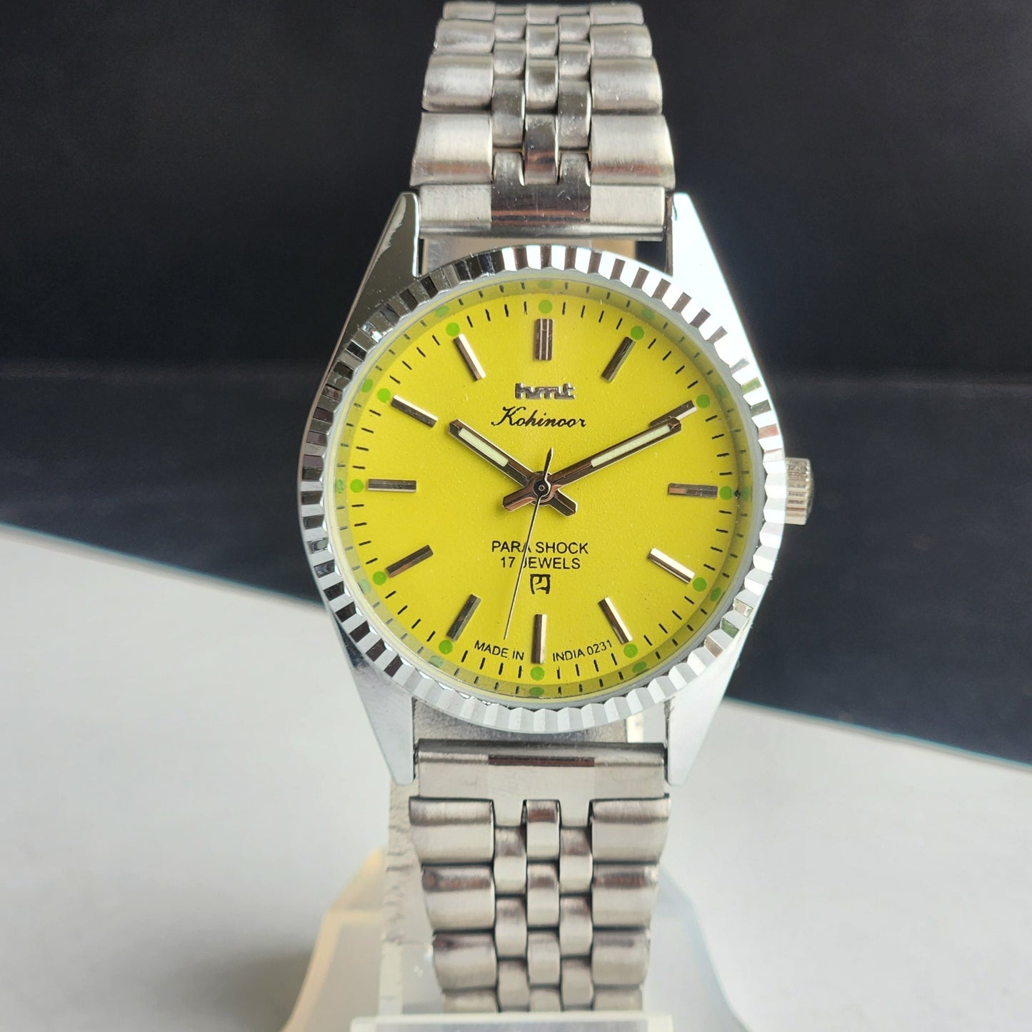 Vintage HMT Kohinoor Hand Winding 17 Jewels Yellow Face Fluted Bezel Jubilee Bracelet Men's Wrist Watch G14