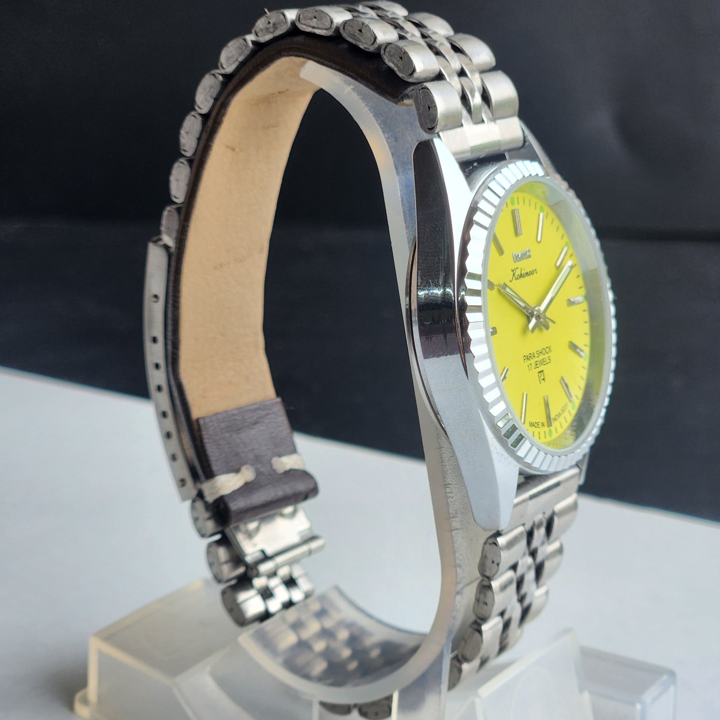 Vintage HMT Kohinoor Hand Winding 17 Jewels Yellow Face Fluted Bezel Jubilee Bracelet Men's Wrist Watch G14