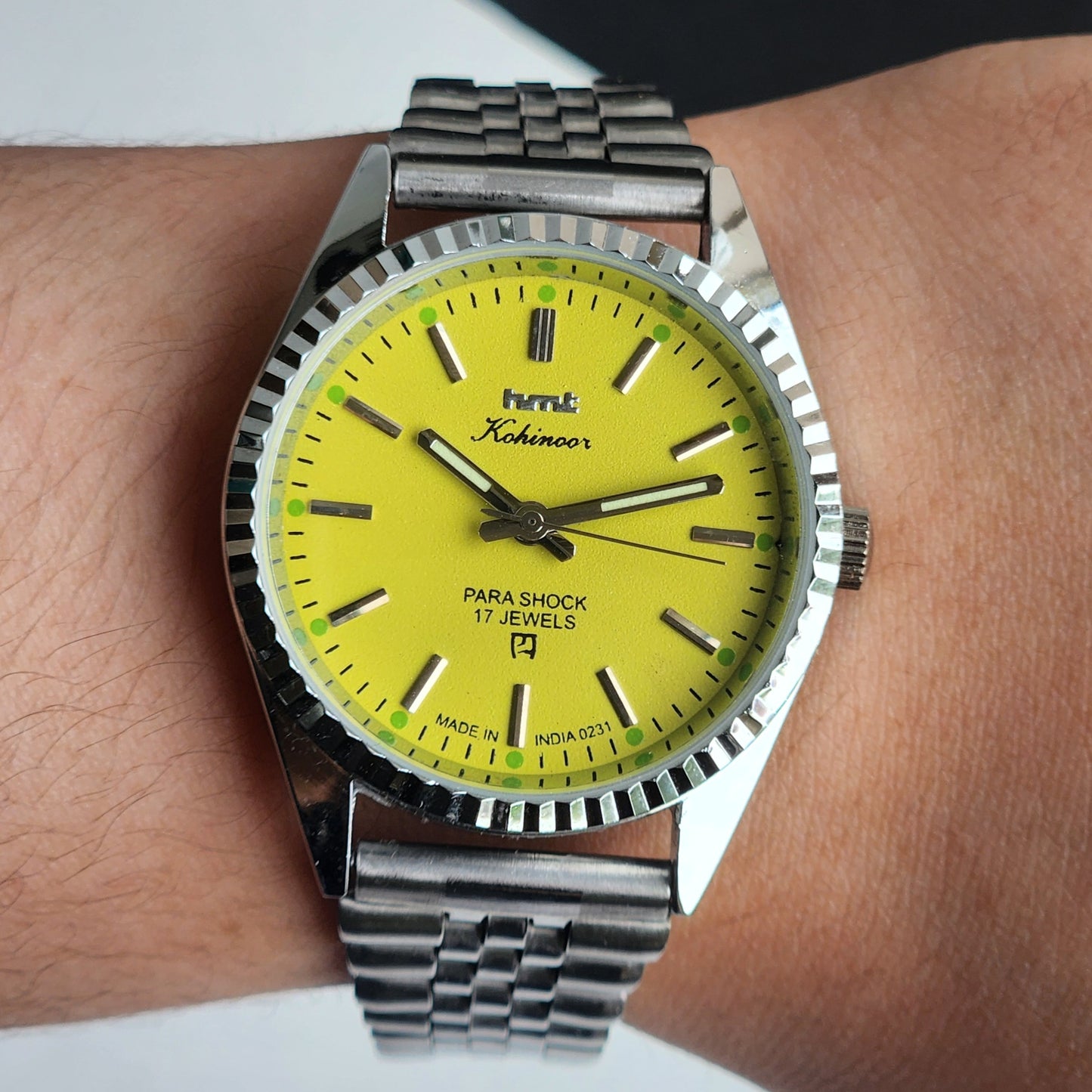 Vintage HMT Kohinoor Hand Winding 17 Jewels Yellow Face Fluted Bezel Jubilee Bracelet Men's Wrist Watch G14