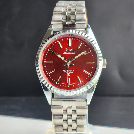 Vintage MOD HMT Kohinoor Hand Winding 17 Jewels Red Face Fluted Bezel  Jubilee Bracelet Men's Wrist Watch G15