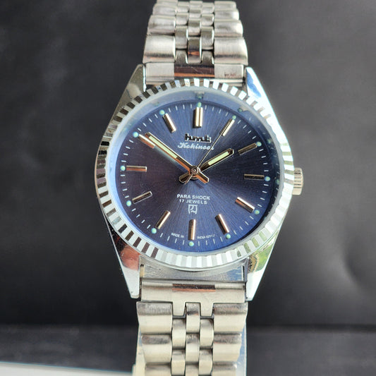 Vintage MOD HMT Kohinoor Hand Winding 17 Jewels Blue Face Fluted Bezel Jubilee Bracelet Men's Wrist Watch G16