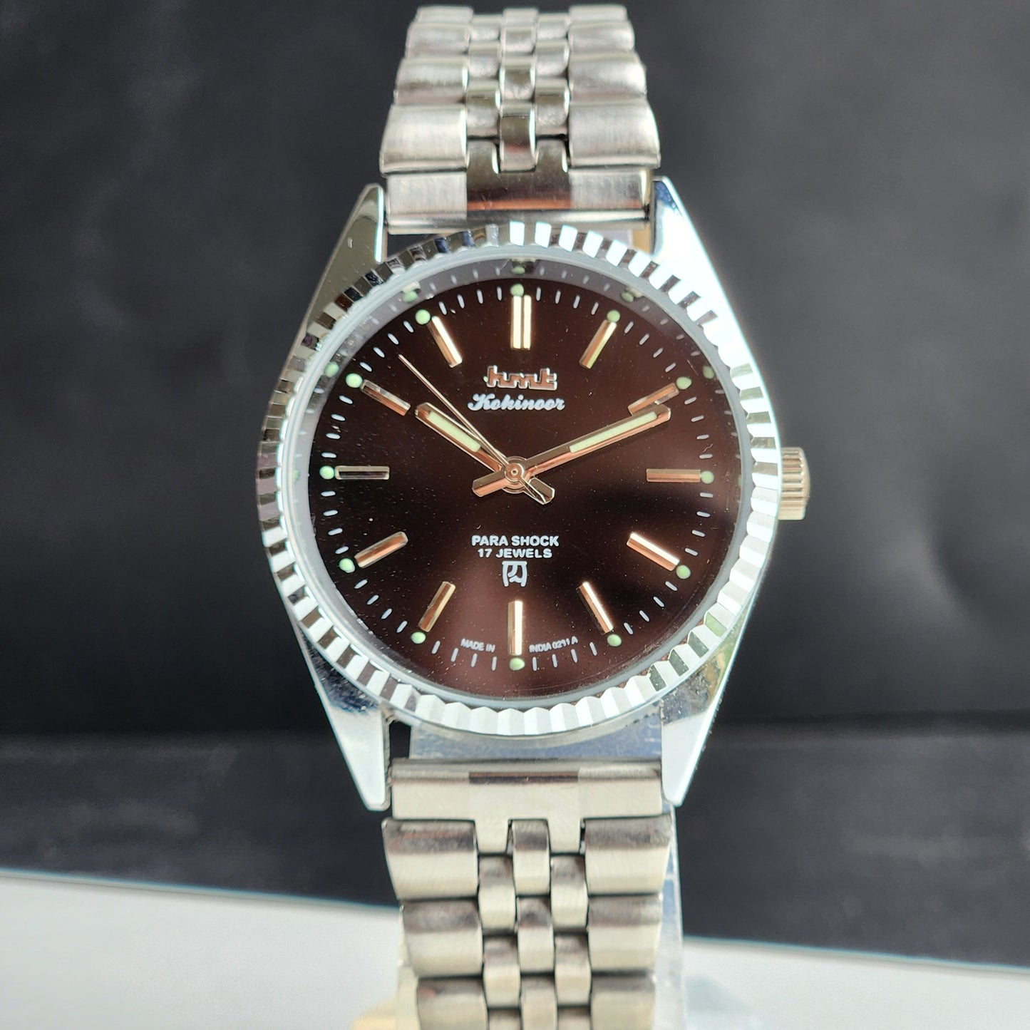 Vintage HMT Kohinoor Hand Winding 17 Jewels Black Face Fluted Bezel Jubilee Bracelet Men's Wrist Watch G17