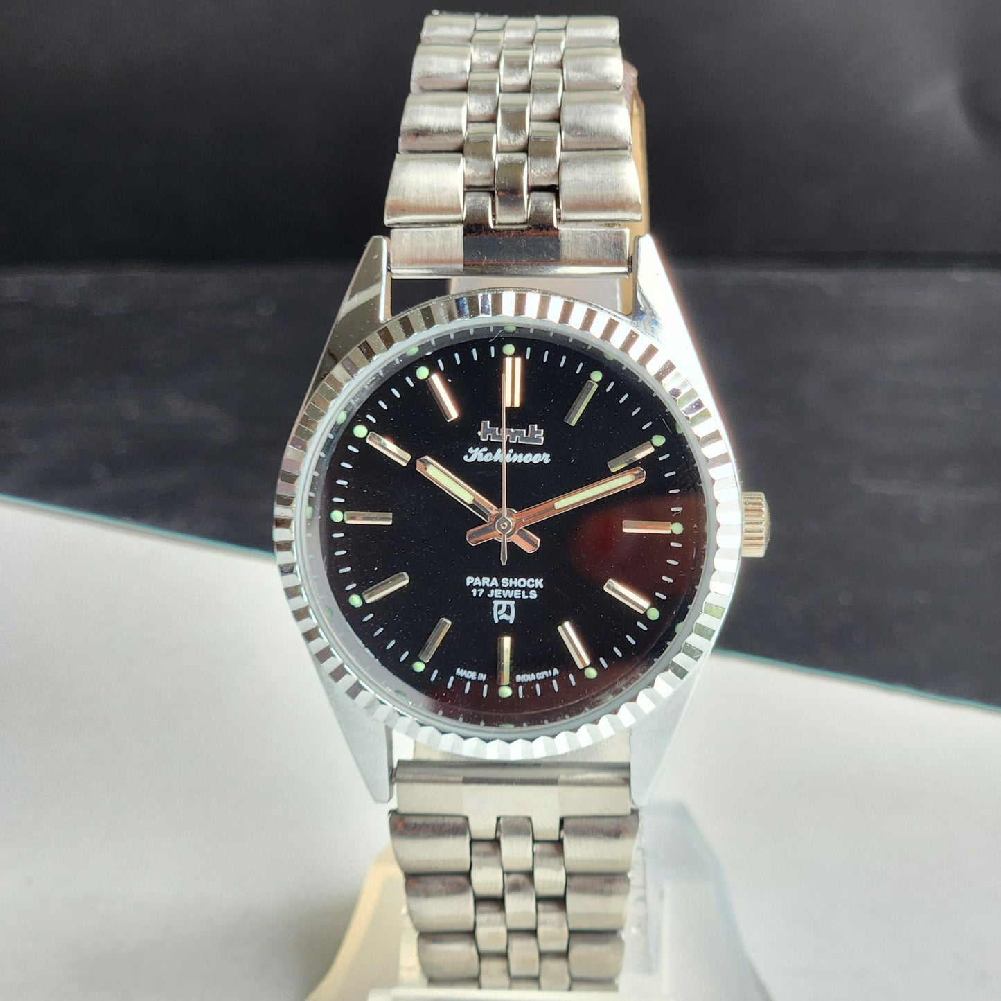 Vintage HMT Kohinoor Hand Winding 17 Jewels Black Face Fluted Bezel Jubilee Bracelet Men's Wrist Watch G17