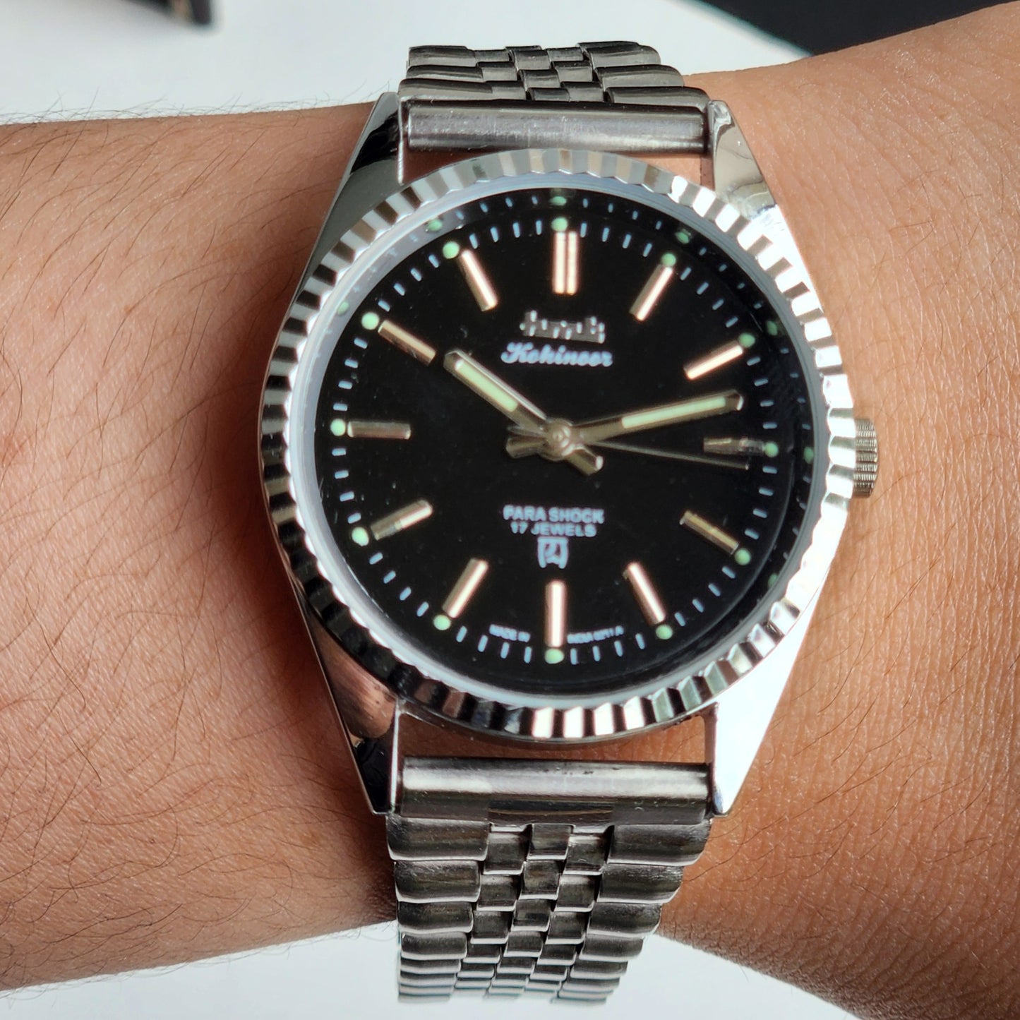 Vintage HMT Kohinoor Hand Winding 17 Jewels Black Face Fluted Bezel Jubilee Bracelet Men's Wrist Watch G17