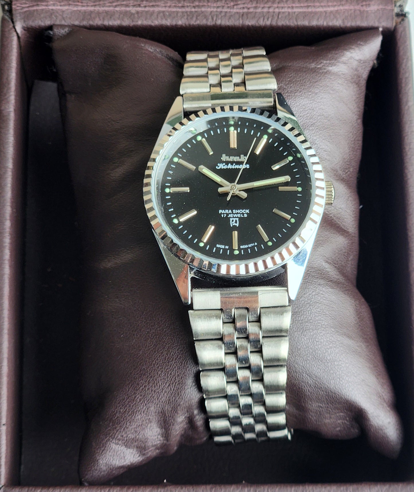 Vintage HMT Kohinoor Hand Winding 17 Jewels Black Face Fluted Bezel Jubilee Bracelet Men's Wrist Watch G17