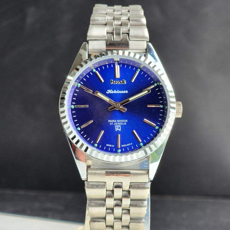Vintage MOD HMT Kohinoor Hand Winding 17 Jewels Blue Face Fluted Bezel Jubilee Bracelet Men's Wrist Watch G18