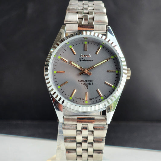 Vintage MOD HMT Kohinoor Hand Winding 17 Jewels Grey Face Fluted Bezel Jubilee Bracelet Men's Wrist Watch G19