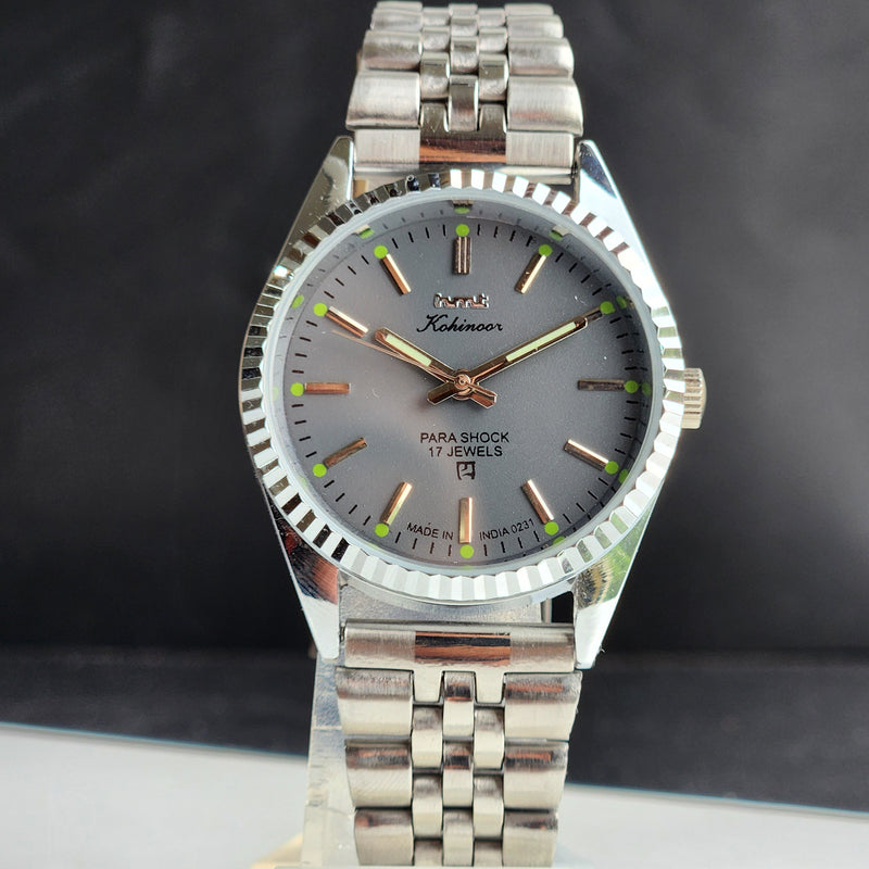 Vintage MOD HMT Kohinoor Hand Winding 17 Jewels Grey Face Fluted Bezel Jubilee Bracelet Men's Wrist Watch G19