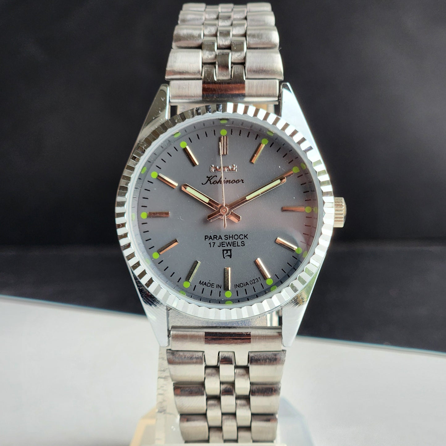 Vintage HMT Kohinoor Hand Winding 17 Jewels Grey Face Fluted Bezel Jubilee Bracelet Men's Wrist Watch G19