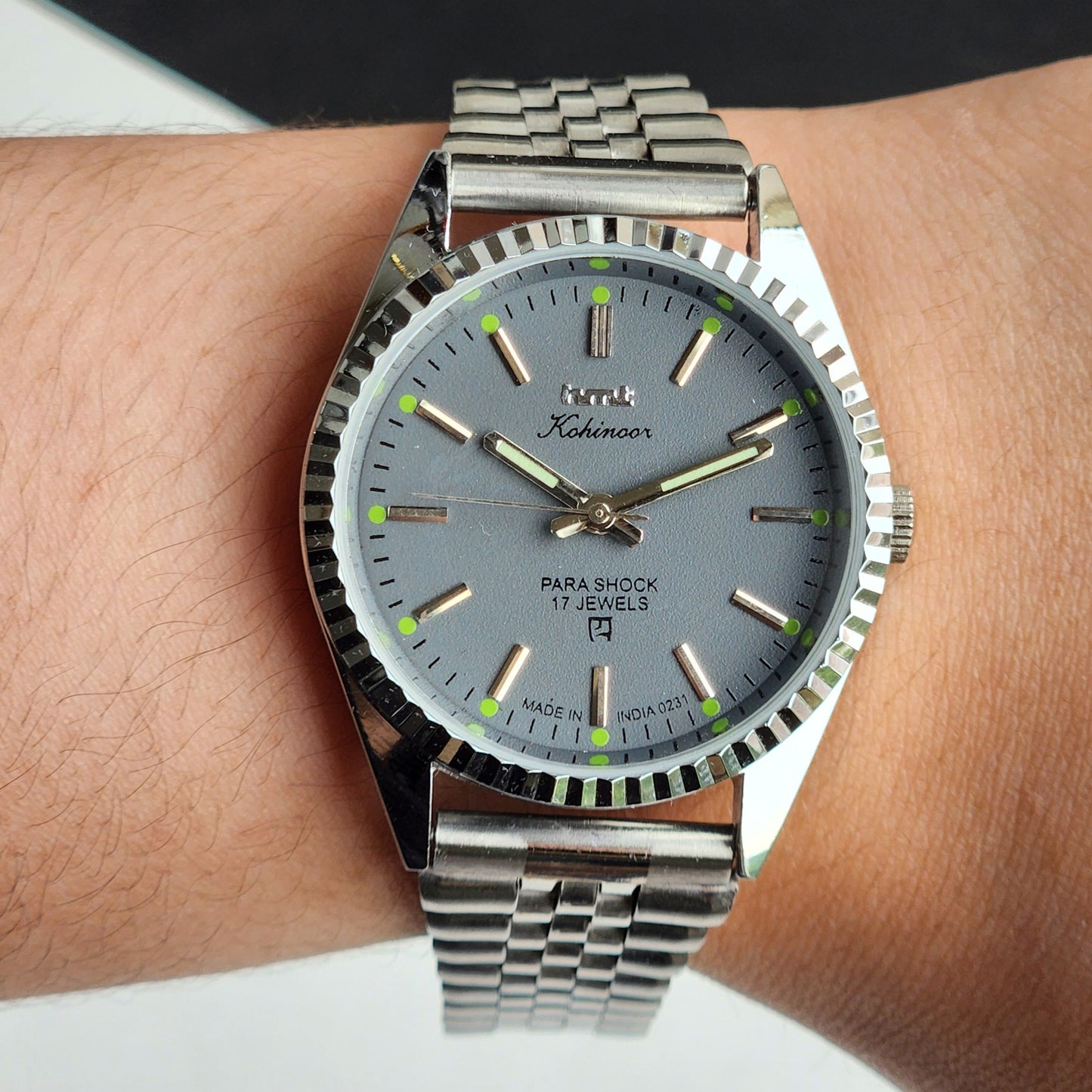 Vintage HMT Kohinoor Hand Winding 17 Jewels Grey Face Fluted Bezel Jubilee Bracelet Men's Wrist Watch G19