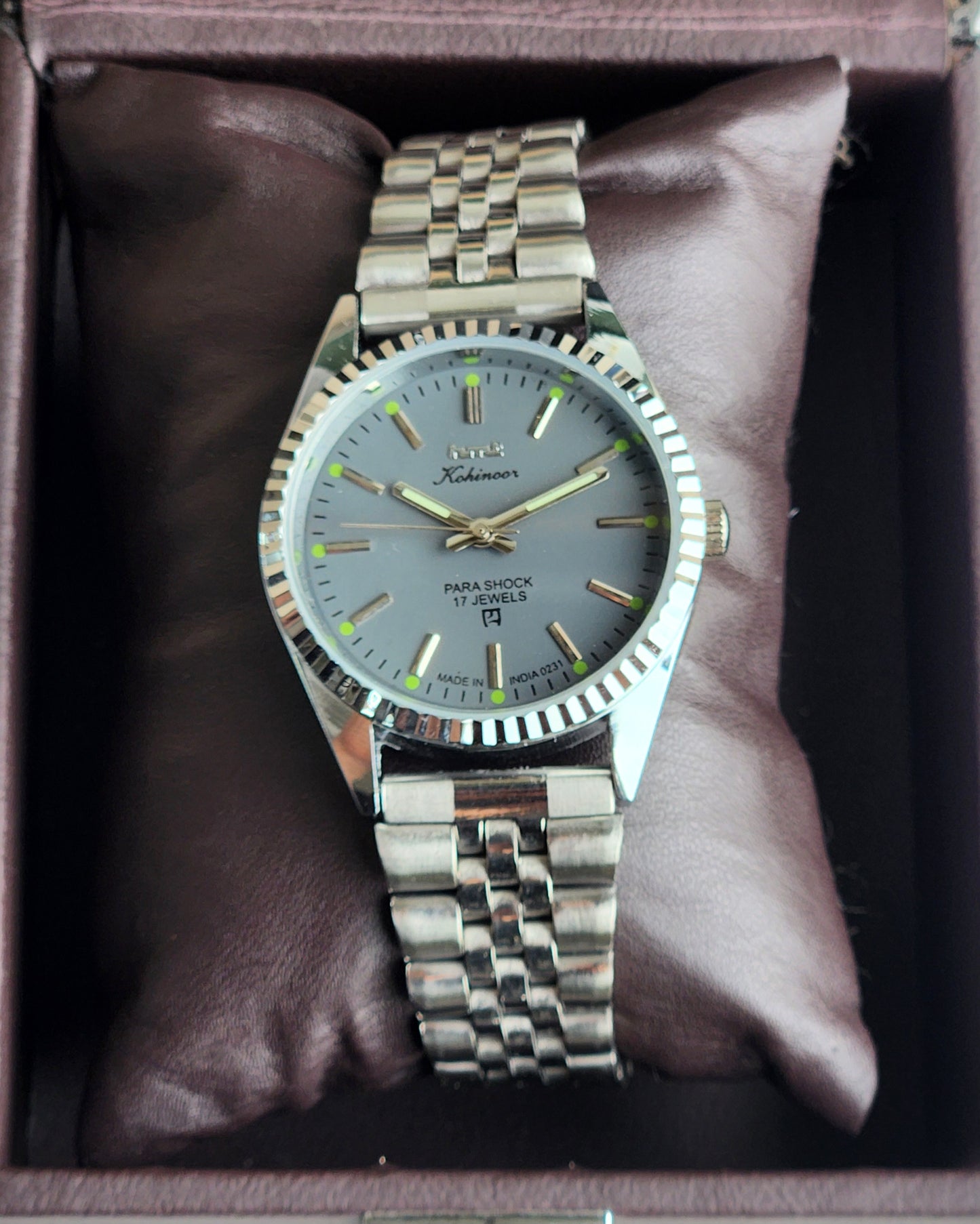 Vintage HMT Kohinoor Hand Winding 17 Jewels Grey Face Fluted Bezel Jubilee Bracelet Men's Wrist Watch G19