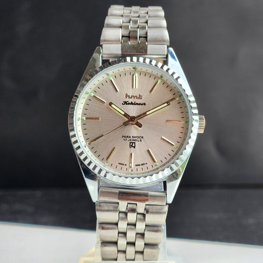 Vintage MOD HMT Kohinoor Hand Winding 17 Jewels Silver Face Fluted Bezel Jubilee Bracelet Men's Wrist Watch G21