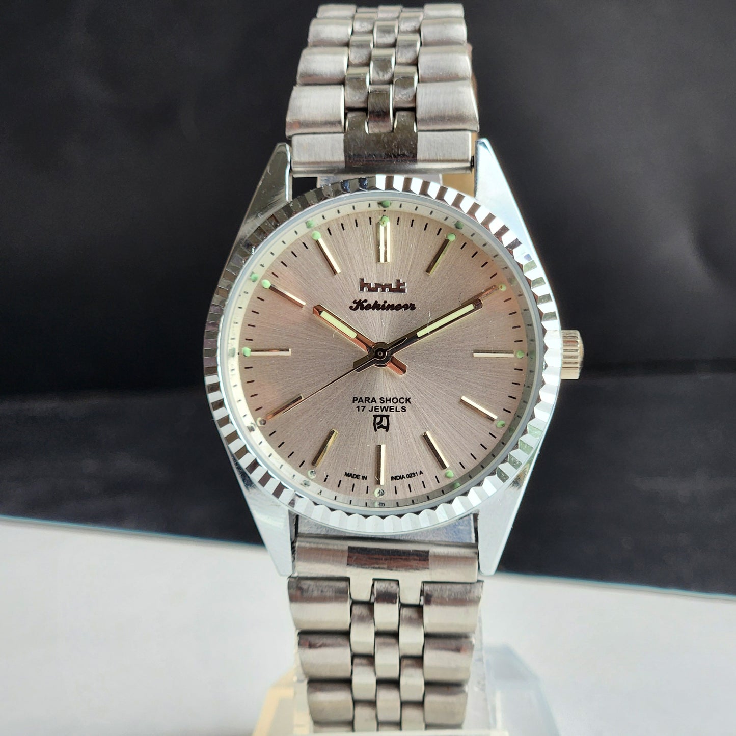Vintage HMT Kohinoor Hand Winding 17 Jewels Silver Face Fluted Bezel Jubilee Bracelet Men's Wrist Watch G21