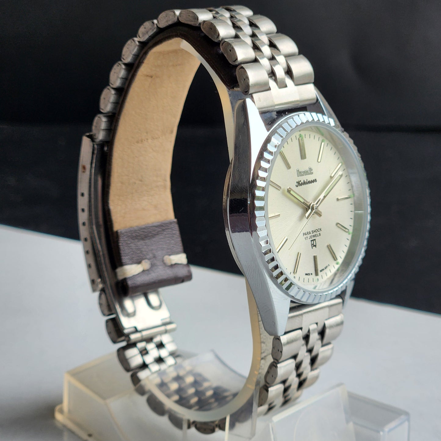 Vintage HMT Kohinoor Hand Winding 17 Jewels Silver Face Fluted Bezel Jubilee Bracelet Men's Wrist Watch G21