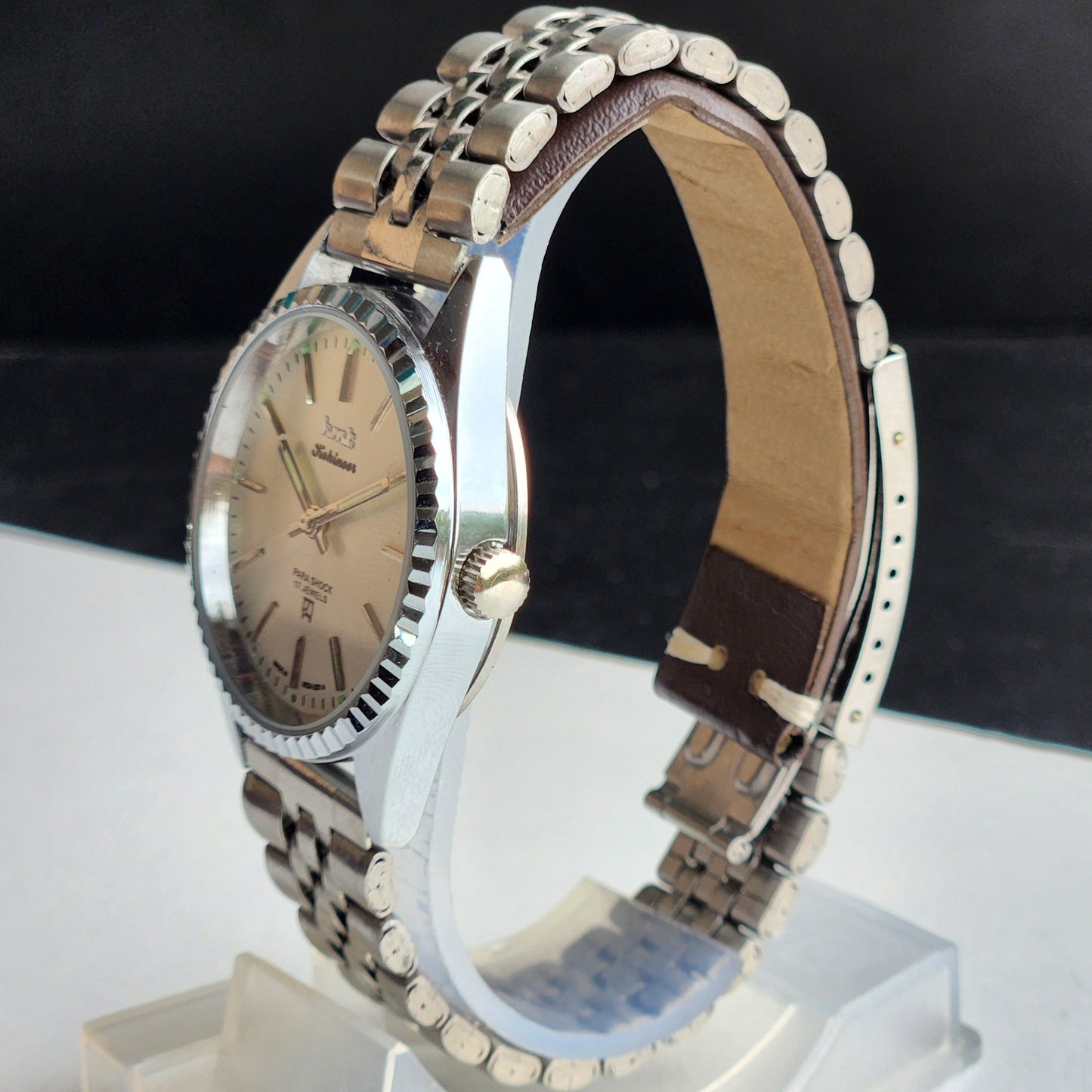 Vintage HMT Kohinoor Hand Winding 17 Jewels Silver Face Fluted Bezel Jubilee Bracelet Men's Wrist Watch G21