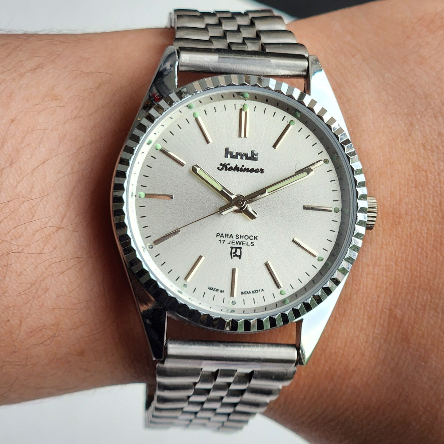 Vintage HMT Kohinoor Hand Winding 17 Jewels Silver Face Fluted Bezel Jubilee Bracelet Men's Wrist Watch G21