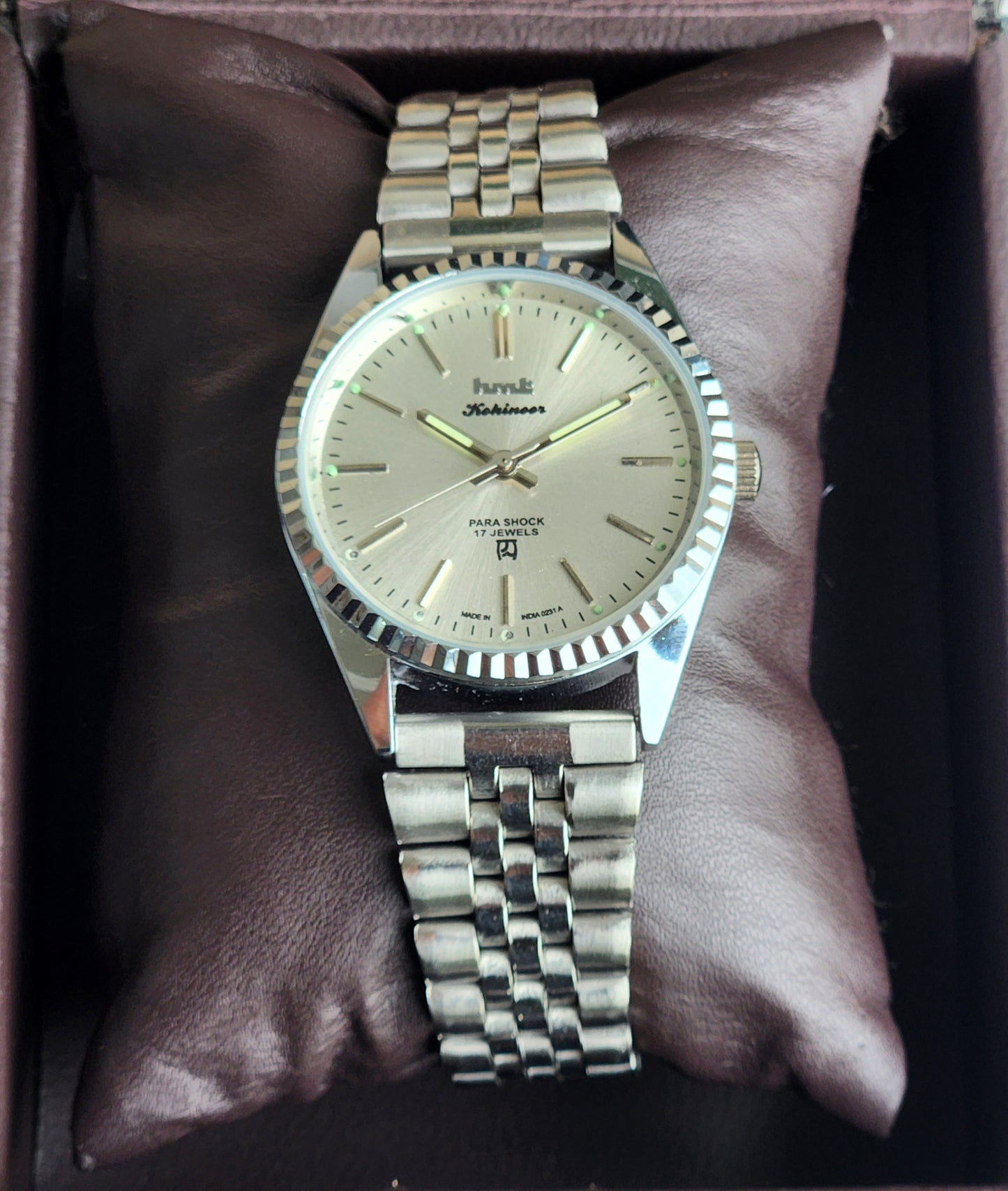 Vintage HMT Kohinoor Hand Winding 17 Jewels Silver Face Fluted Bezel Jubilee Bracelet Men's Wrist Watch G21