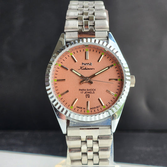 Vintage MOD HMT Kohinoor Hand Winding 17 Jewels Grey Face Fluted Bezel Jubilee Bracelet Men's Wrist Watch G20