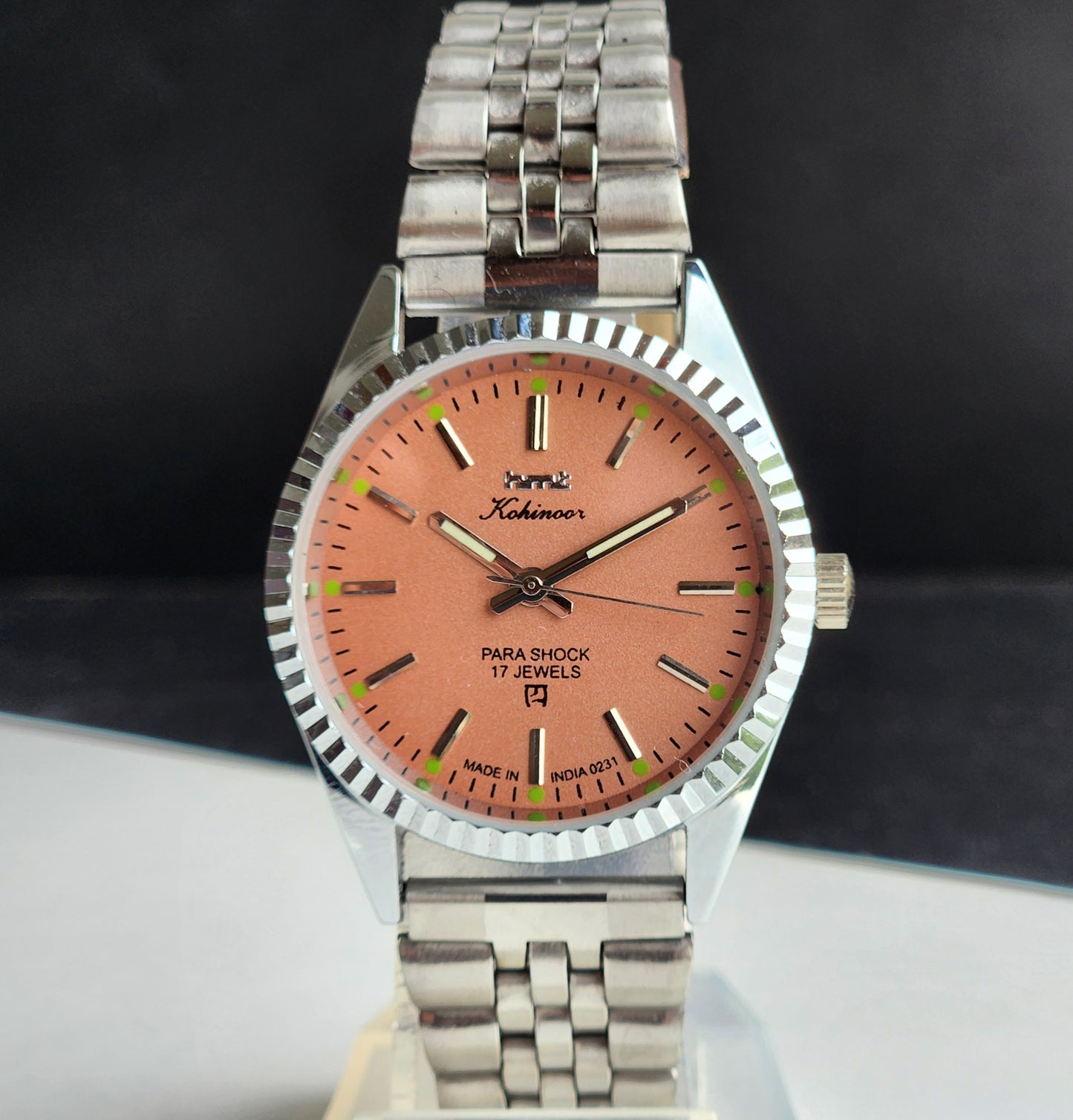 Vintage MOD HMT Kohinoor Hand Winding 17 Jewels Grey Face Fluted Bezel Jubilee Bracelet Men's Wrist Watch G20