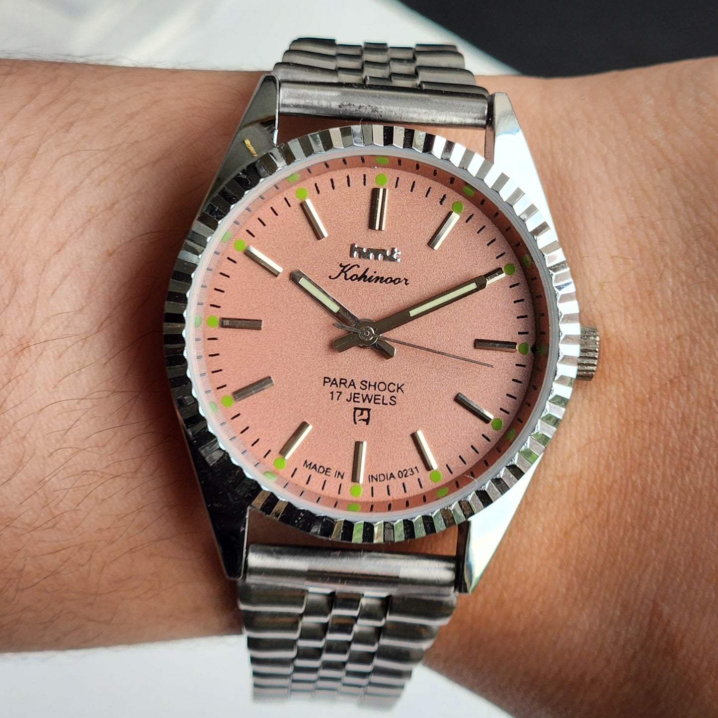 Vintage MOD HMT Kohinoor Hand Winding 17 Jewels Grey Face Fluted Bezel Jubilee Bracelet Men's Wrist Watch G20