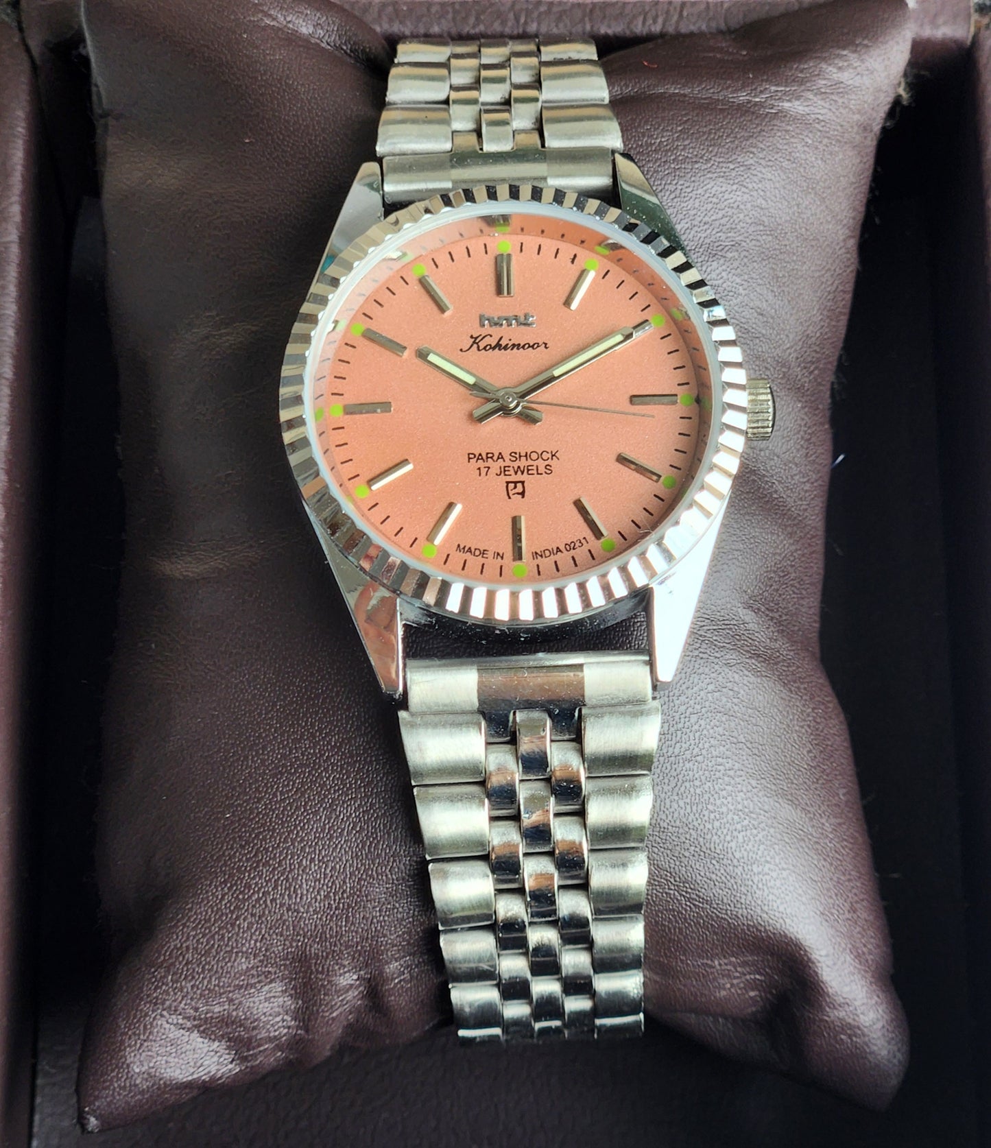 Vintage MOD HMT Kohinoor Hand Winding 17 Jewels Grey Face Fluted Bezel Jubilee Bracelet Men's Wrist Watch G20