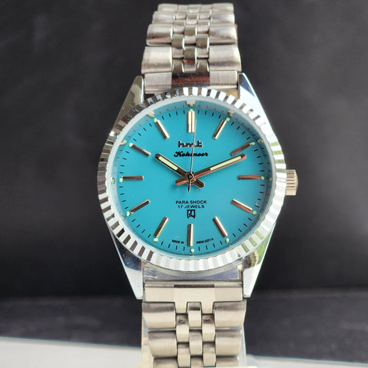 Vintage MOD HMT Kohinoor Hand Winding 17 Jewels Tiffany Blue Face Fluted Bezel Jubilee Bracelet Men's Wrist Watch G60
