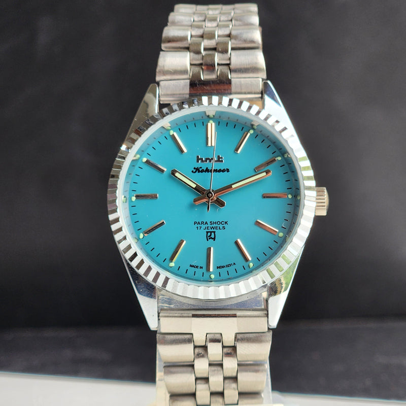 Vintage MOD HMT Kohinoor Hand Winding 17 Jewels Tiffany Blue Face Fluted Bezel Jubilee Bracelet Men's Wrist Watch G60