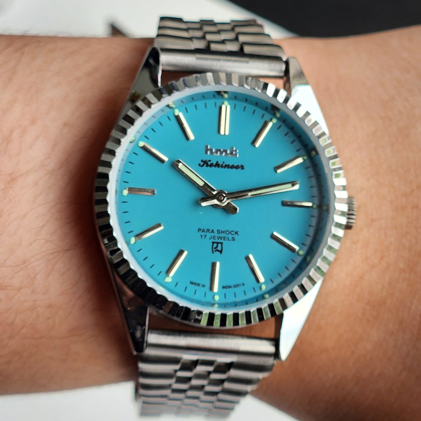 Vintage HMT Kohinoor Hand Winding 17 Jewels Tiffany Blue Face Fluted Bezel Jubilee Bracelet Men's Wrist Watch G60