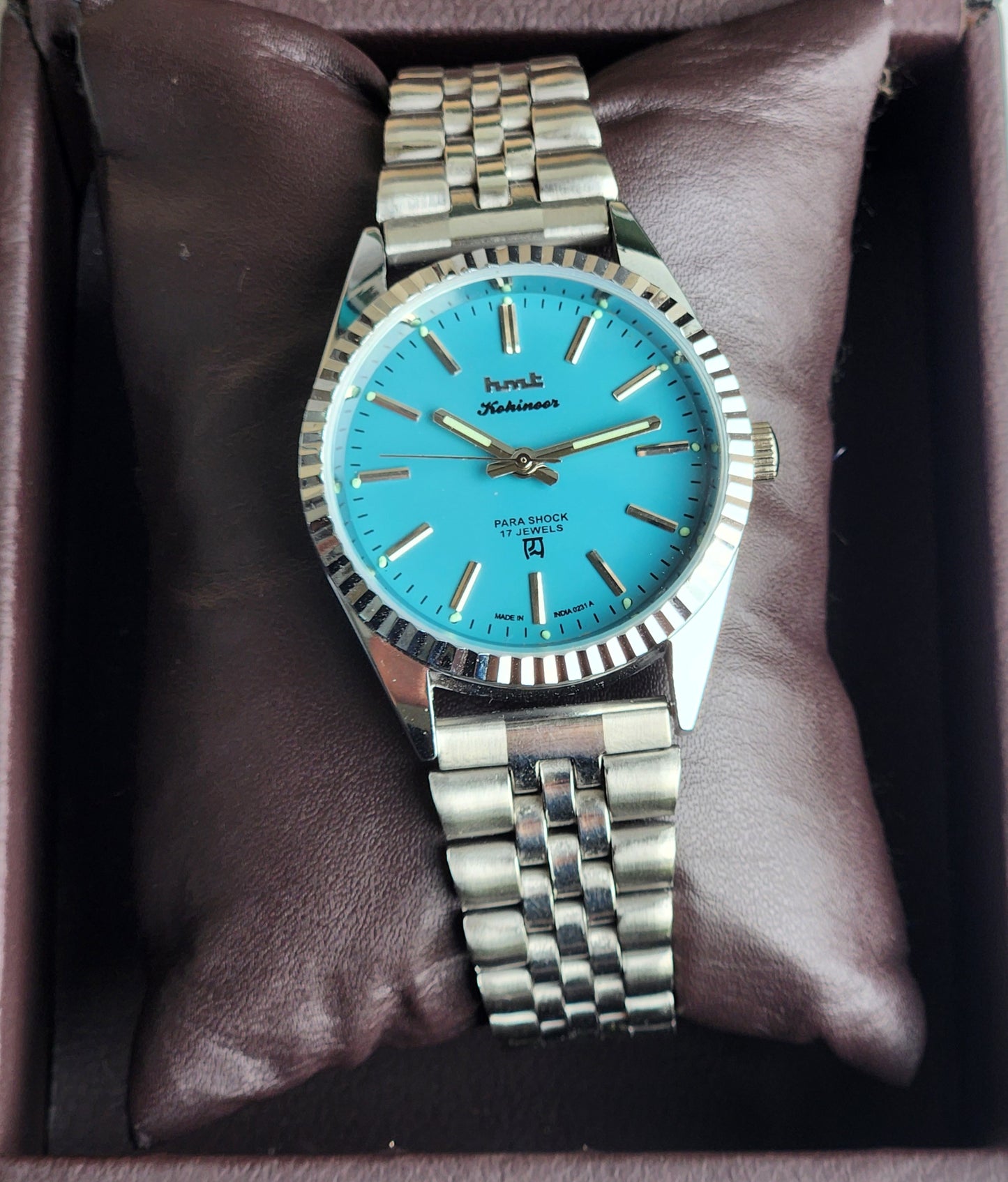 Vintage HMT Kohinoor Hand Winding 17 Jewels Tiffany Blue Face Fluted Bezel Jubilee Bracelet Men's Wrist Watch G60