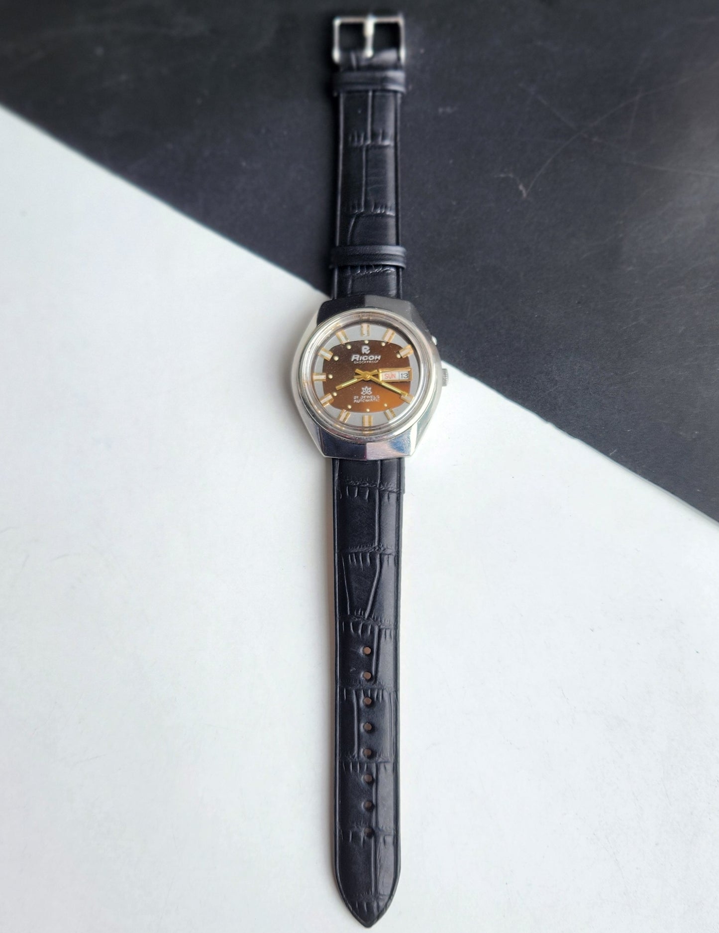 Vintage Original Ricoh R31 Brown Face Automatic 21 Jewels Black Croco Leather Strap Men's Wrist Watch G22