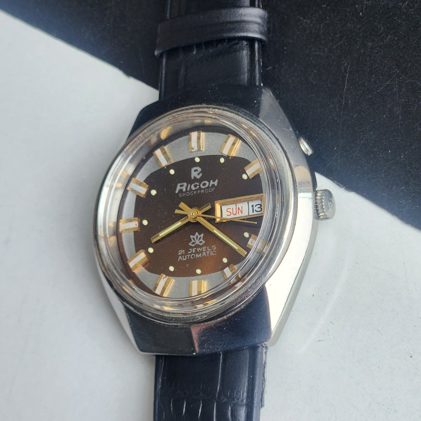 Vintage Original Ricoh R31 Brown Face Automatic 21 Jewels Black Croco Leather Strap Men's Wrist Watch G22