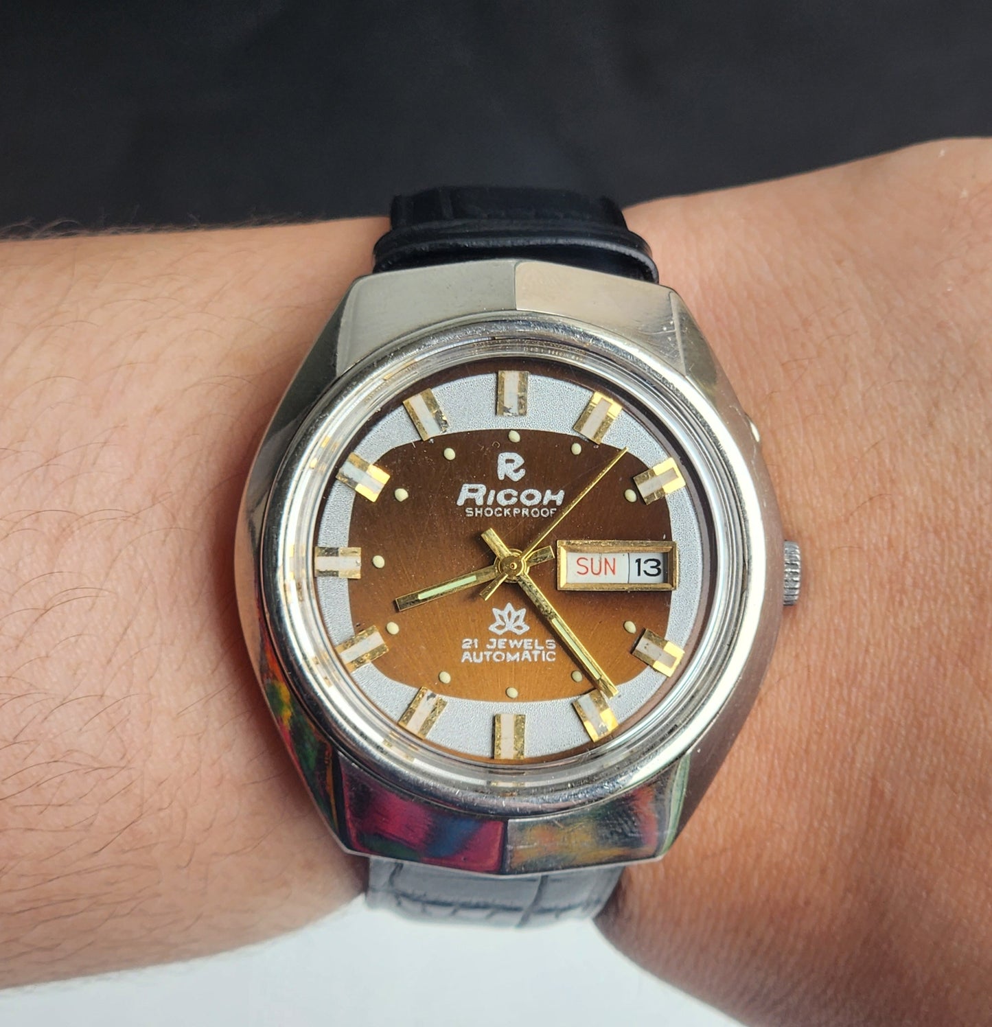 Vintage Original Ricoh R31 Brown Face Automatic 21 Jewels Black Croco Leather Strap Men's Wrist Watch G22