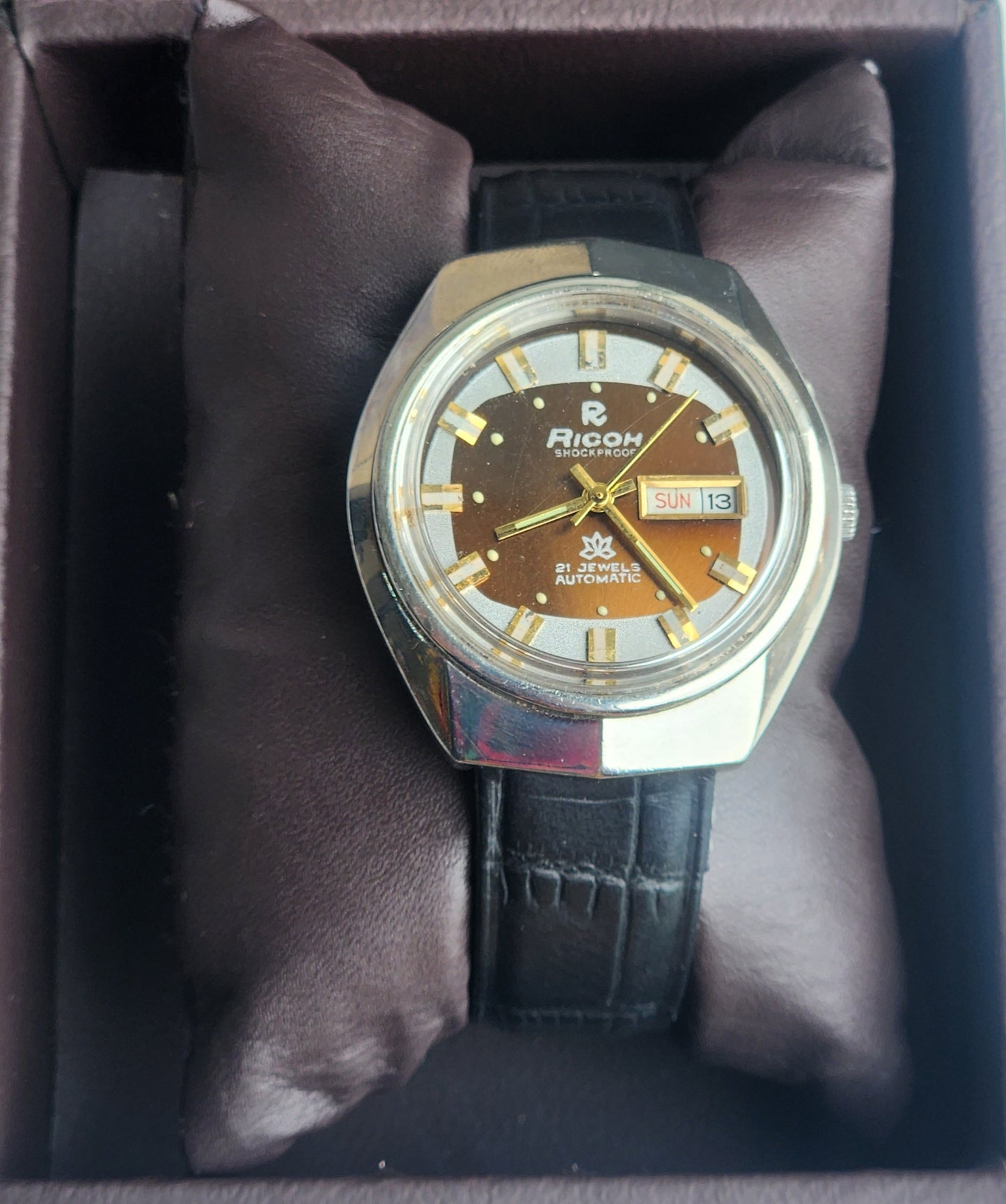 Vintage Original Ricoh R31 Brown Face Automatic 21 Jewels Black Croco Leather Strap Men's Wrist Watch G22
