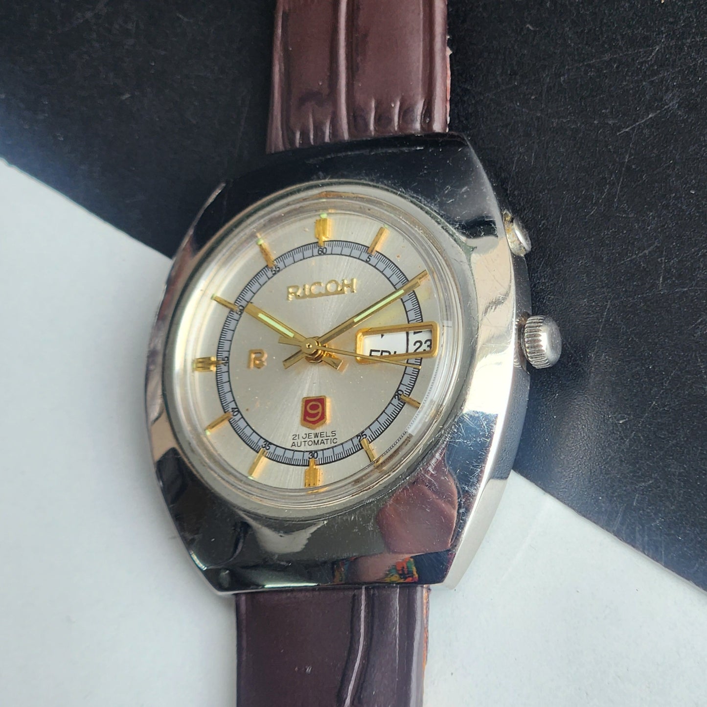 Vintage Original Ricoh R31 Silver Face Automatic 21 Jewels Brown Croco Leather Strap Men's Wrist Watch G23