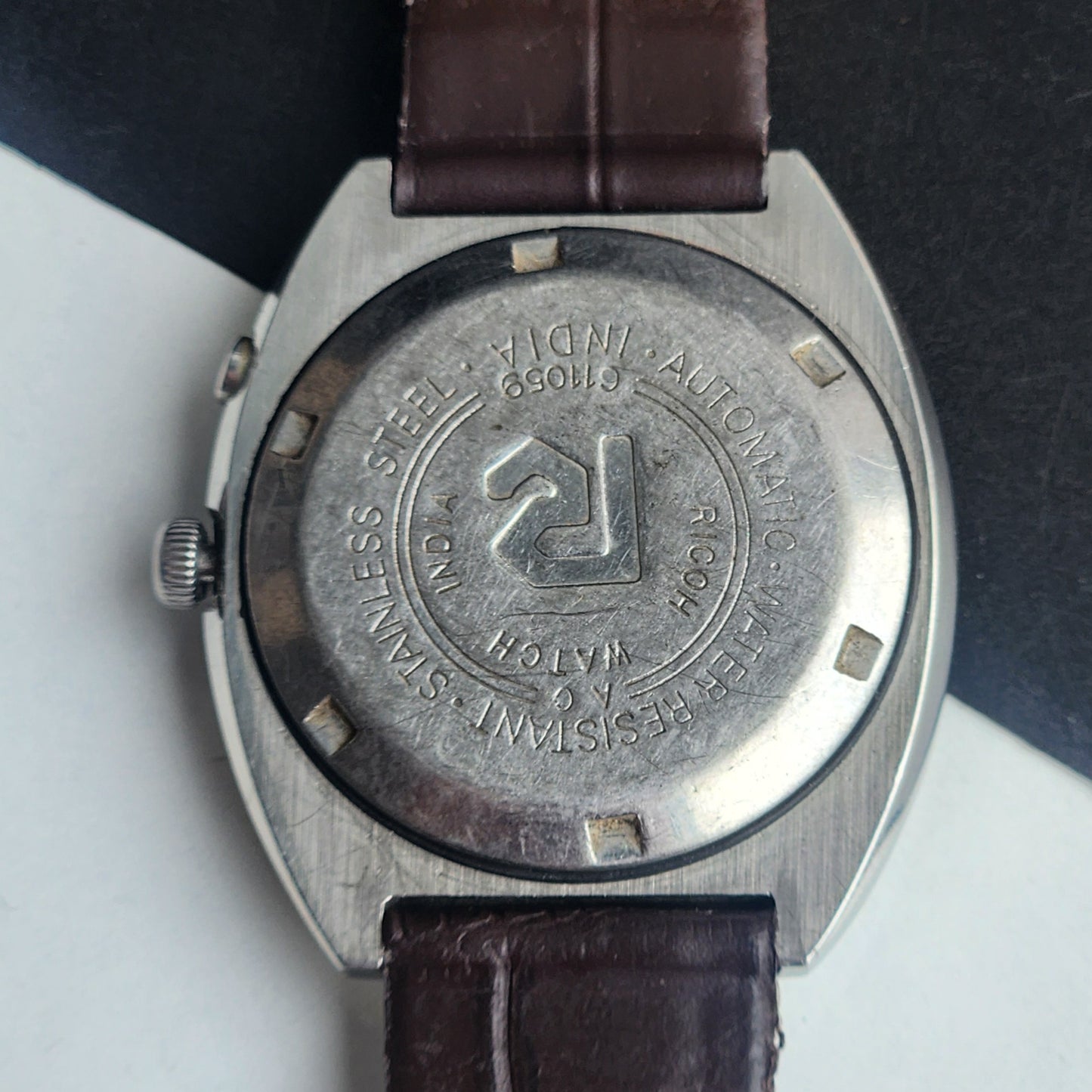 Vintage Original Ricoh R31 Silver Face Automatic 21 Jewels Brown Croco Leather Strap Men's Wrist Watch G23