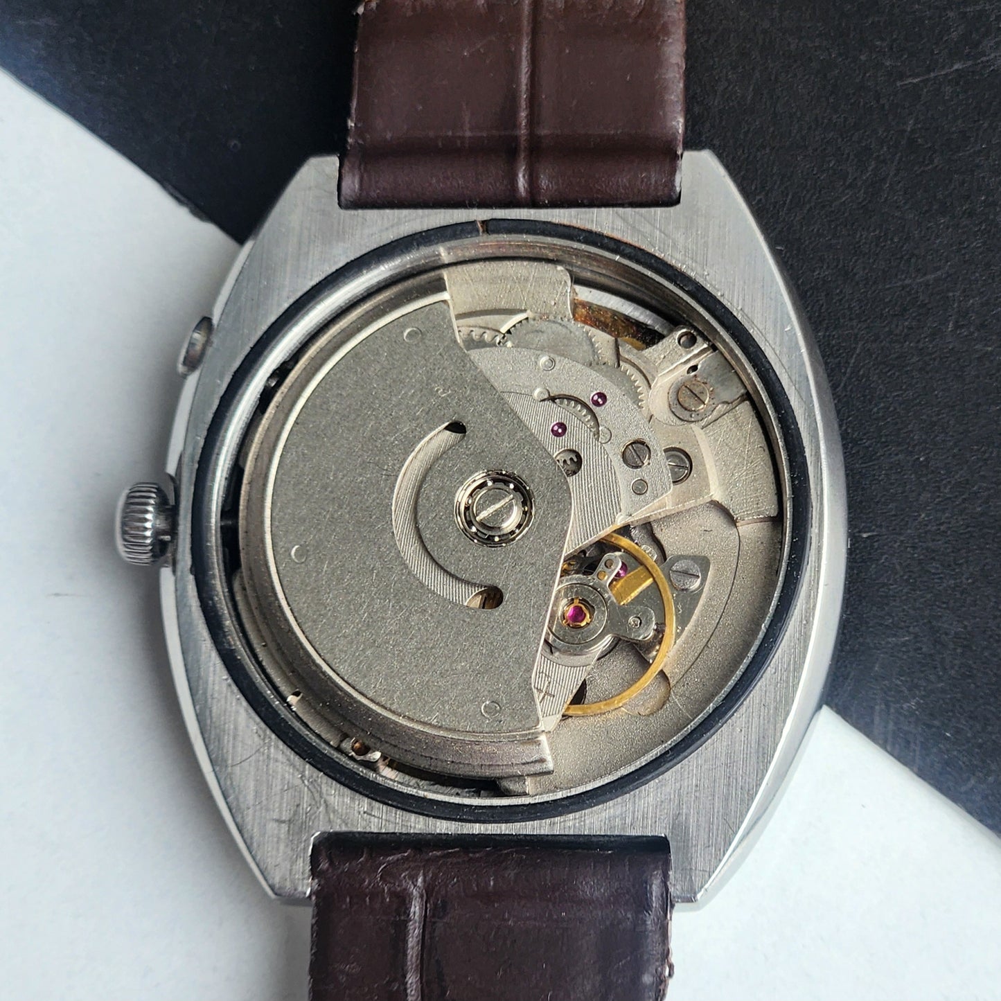Vintage Original Ricoh R31 Silver Face Automatic 21 Jewels Brown Croco Leather Strap Men's Wrist Watch G23