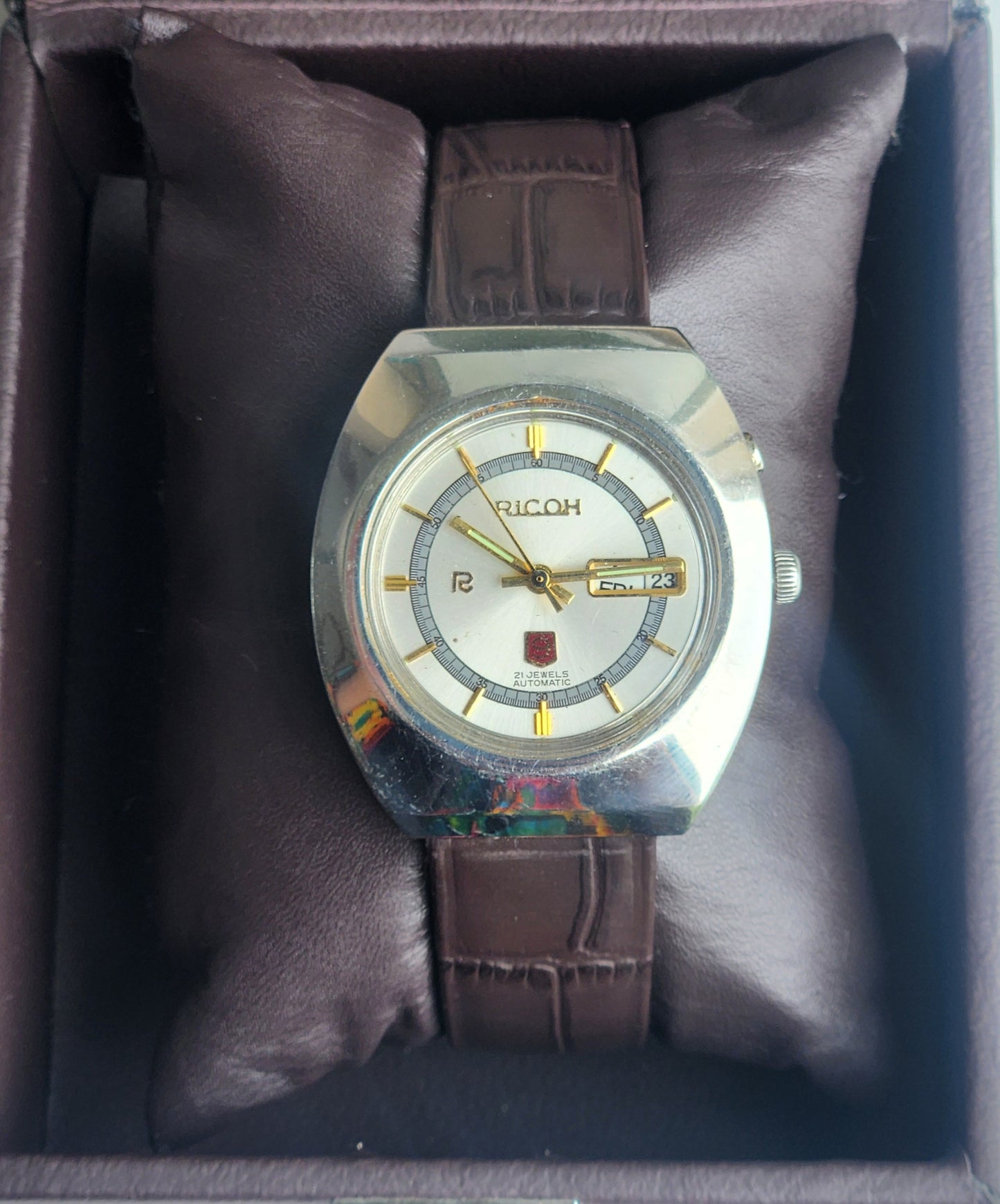 Vintage Original Ricoh R31 Silver Face Automatic 21 Jewels Brown Croco Leather Strap Men's Wrist Watch G23