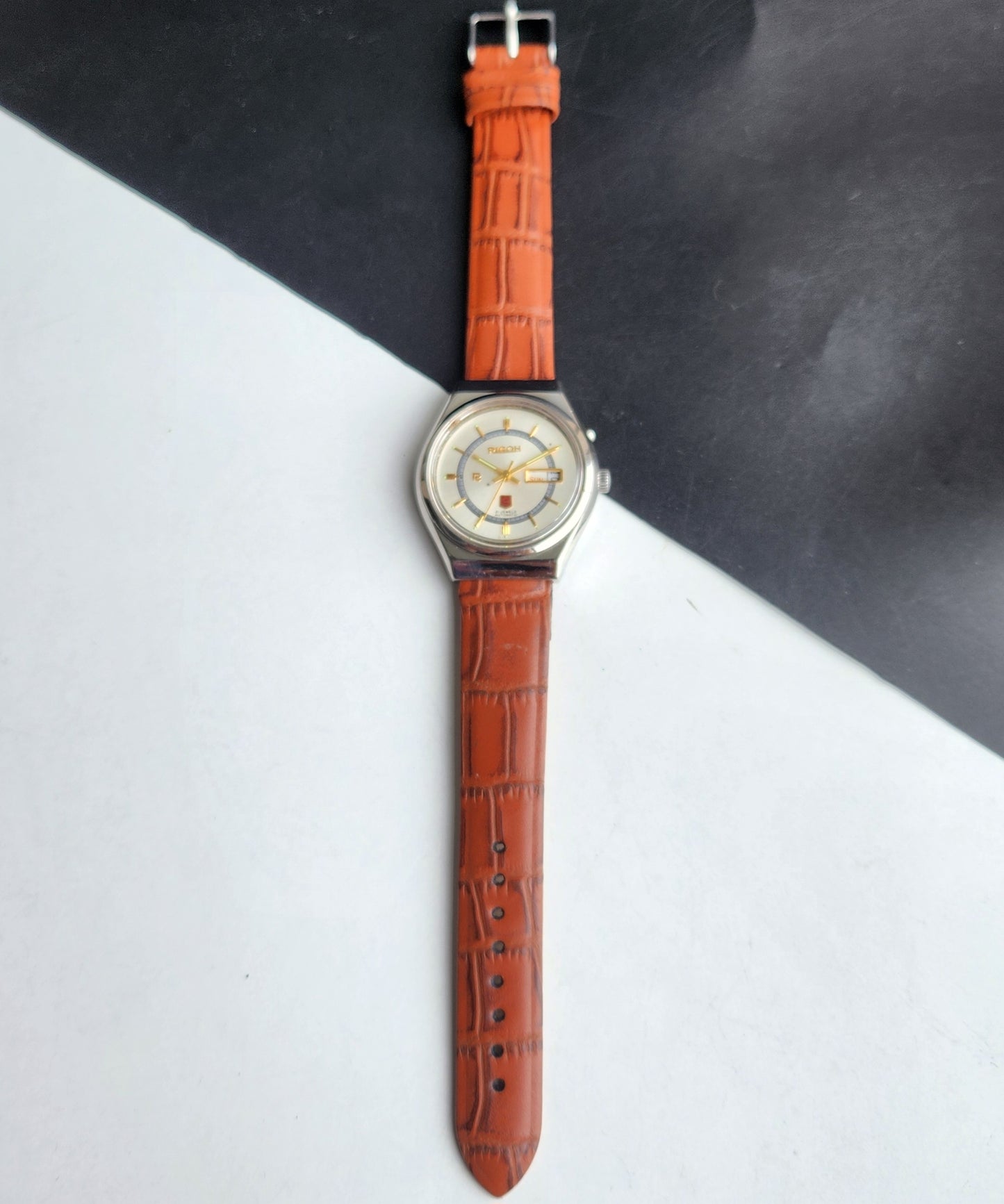 Vintage Original Ricoh R31 Silver Face Automatic 21 Jewels Brown Croco Leather Strap Men's Wrist Watch G24