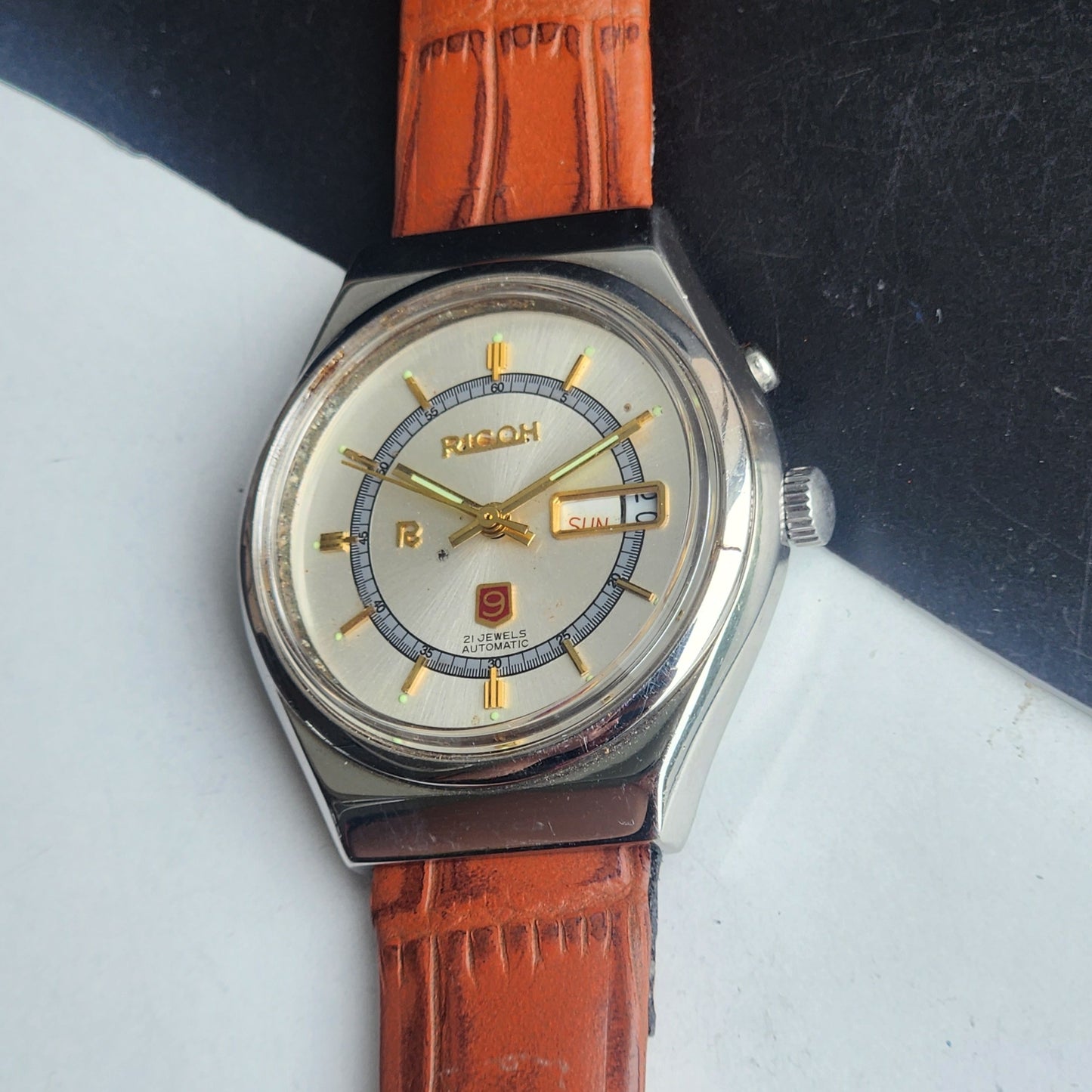 Vintage Original Ricoh R31 Silver Face Automatic 21 Jewels Brown Croco Leather Strap Men's Wrist Watch G24
