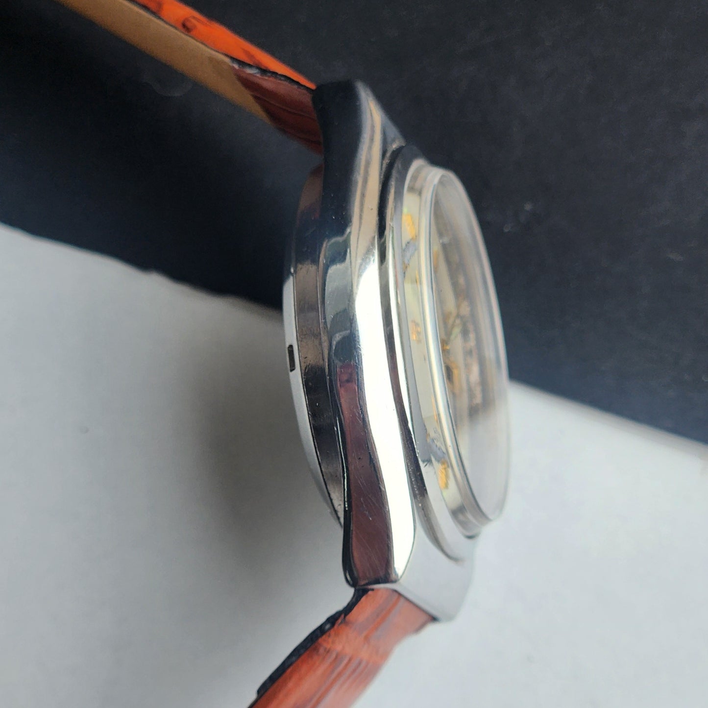 Vintage Original Ricoh R31 Silver Face Automatic 21 Jewels Brown Croco Leather Strap Men's Wrist Watch G24