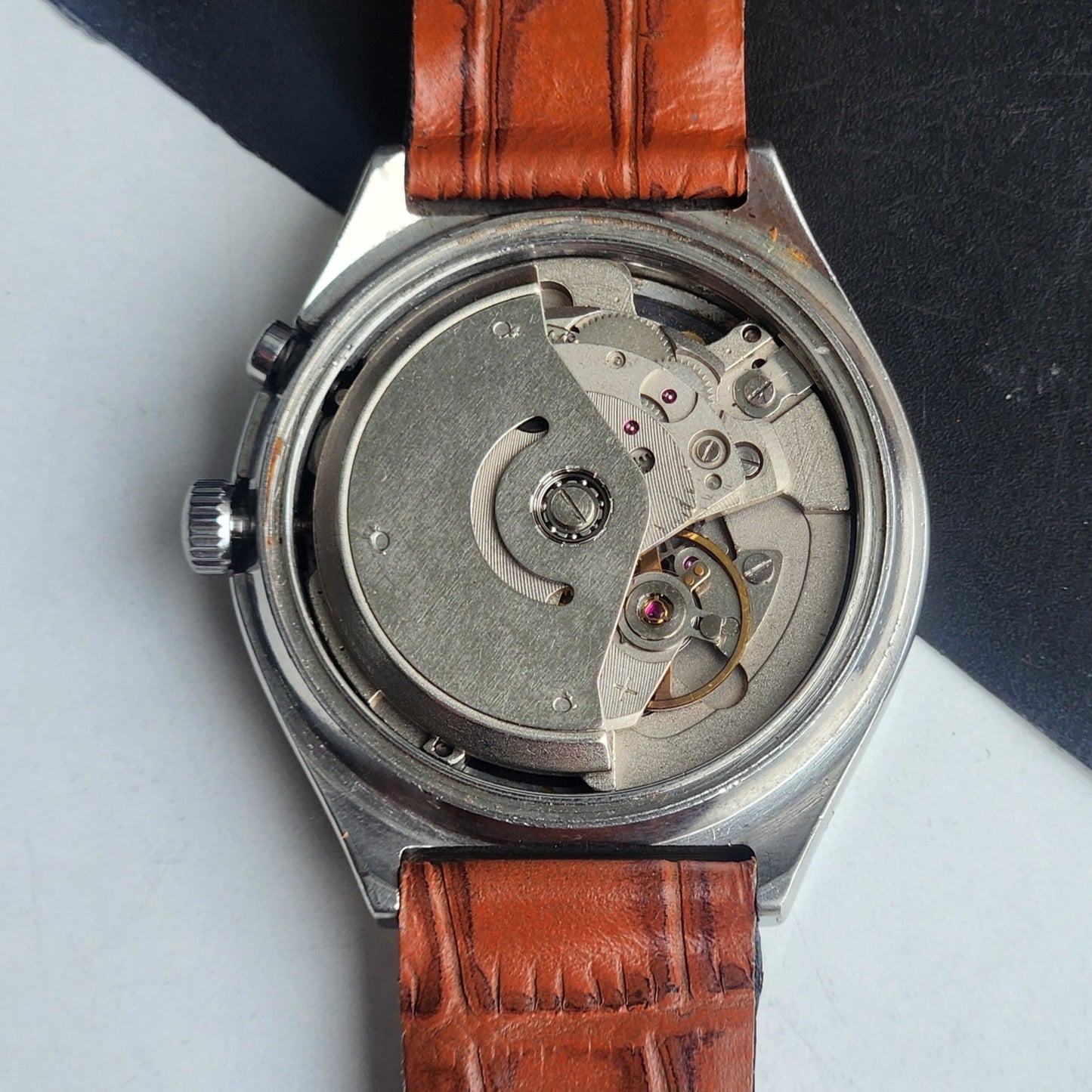 Vintage Original Ricoh R31 Silver Face Automatic 21 Jewels Brown Croco Leather Strap Men's Wrist Watch G24