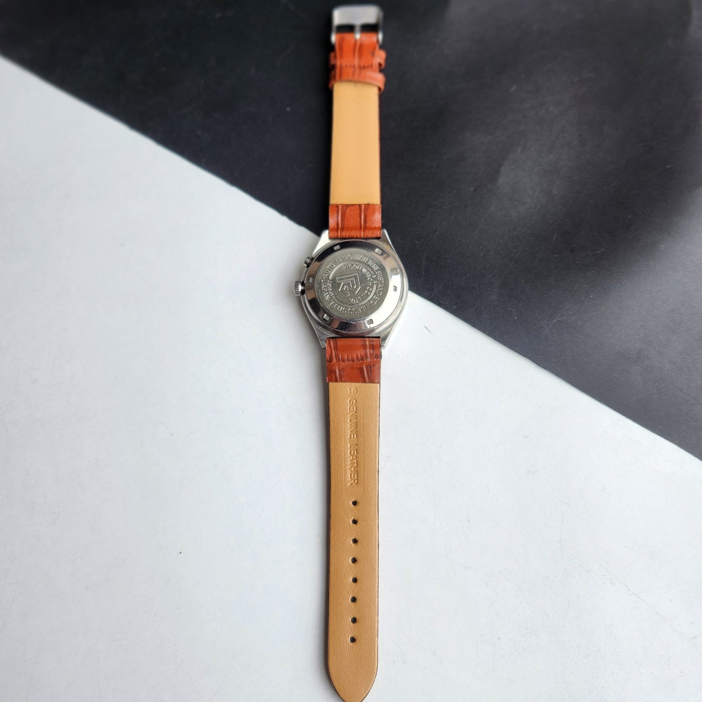Vintage Original Ricoh R31 Silver Face Automatic 21 Jewels Brown Croco Leather Strap Men's Wrist Watch G24