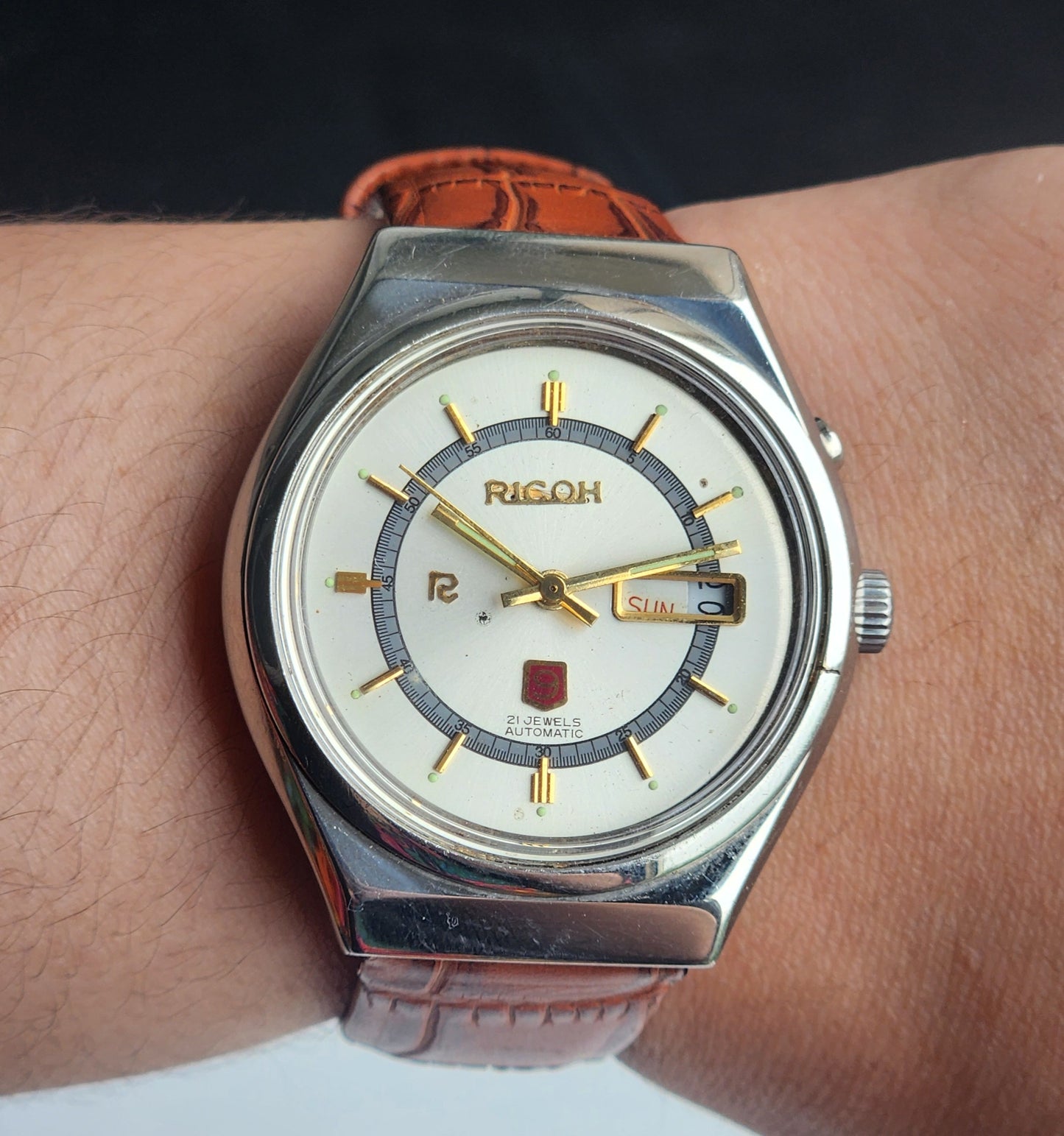 Vintage Original Ricoh R31 Silver Face Automatic 21 Jewels Brown Croco Leather Strap Men's Wrist Watch G24