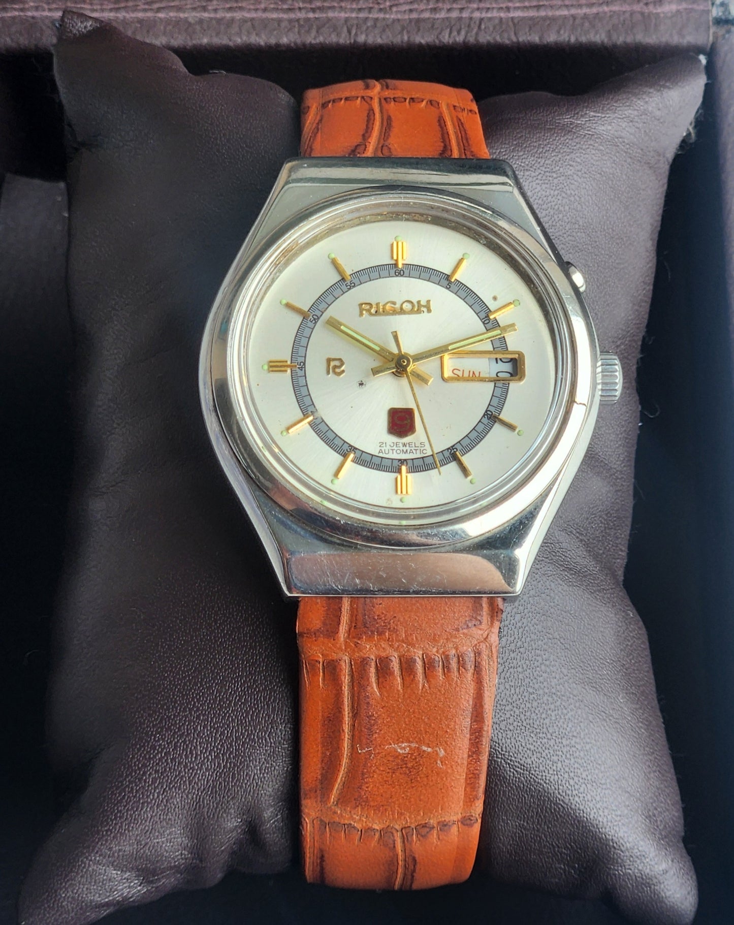 Vintage Original Ricoh R31 Silver Face Automatic 21 Jewels Brown Croco Leather Strap Men's Wrist Watch G24