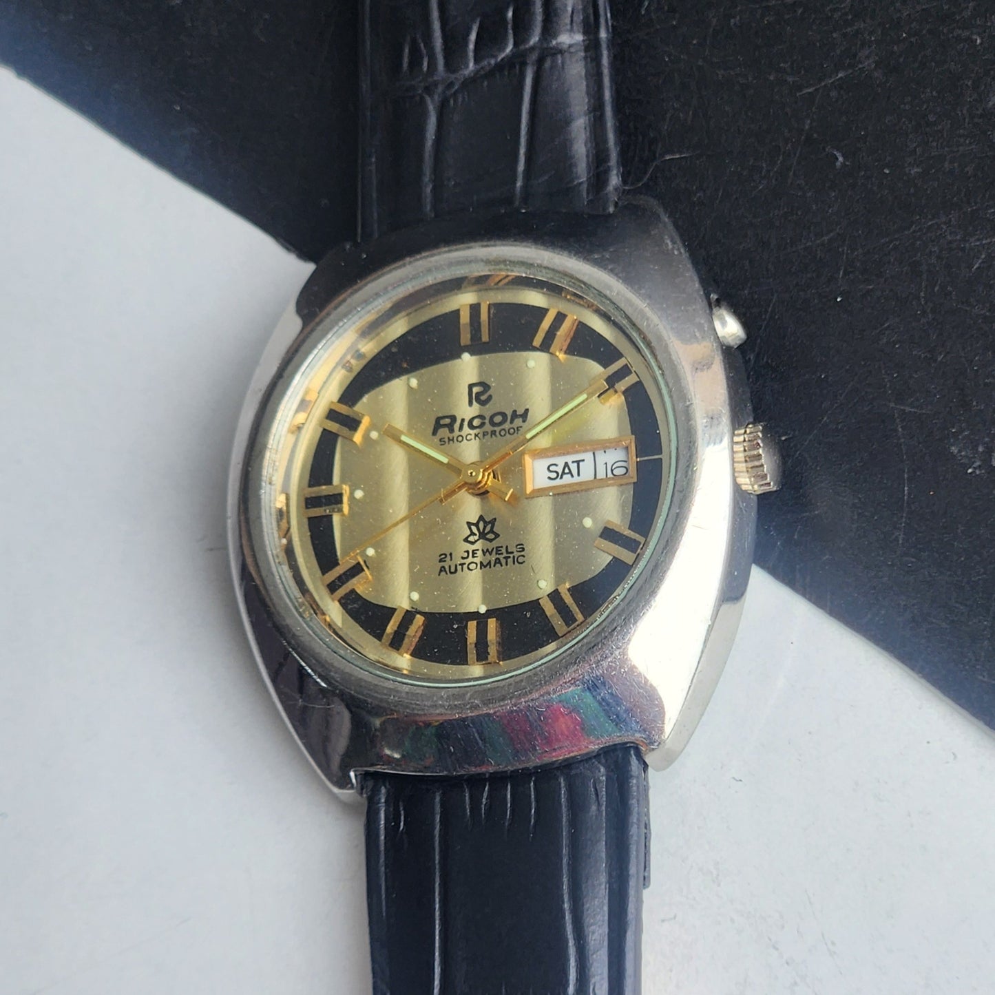 Vintage Original Ricoh R31 Golden Face Automatic 21 Jewels Black Croco Leather Strap Men's Wrist Watch G25