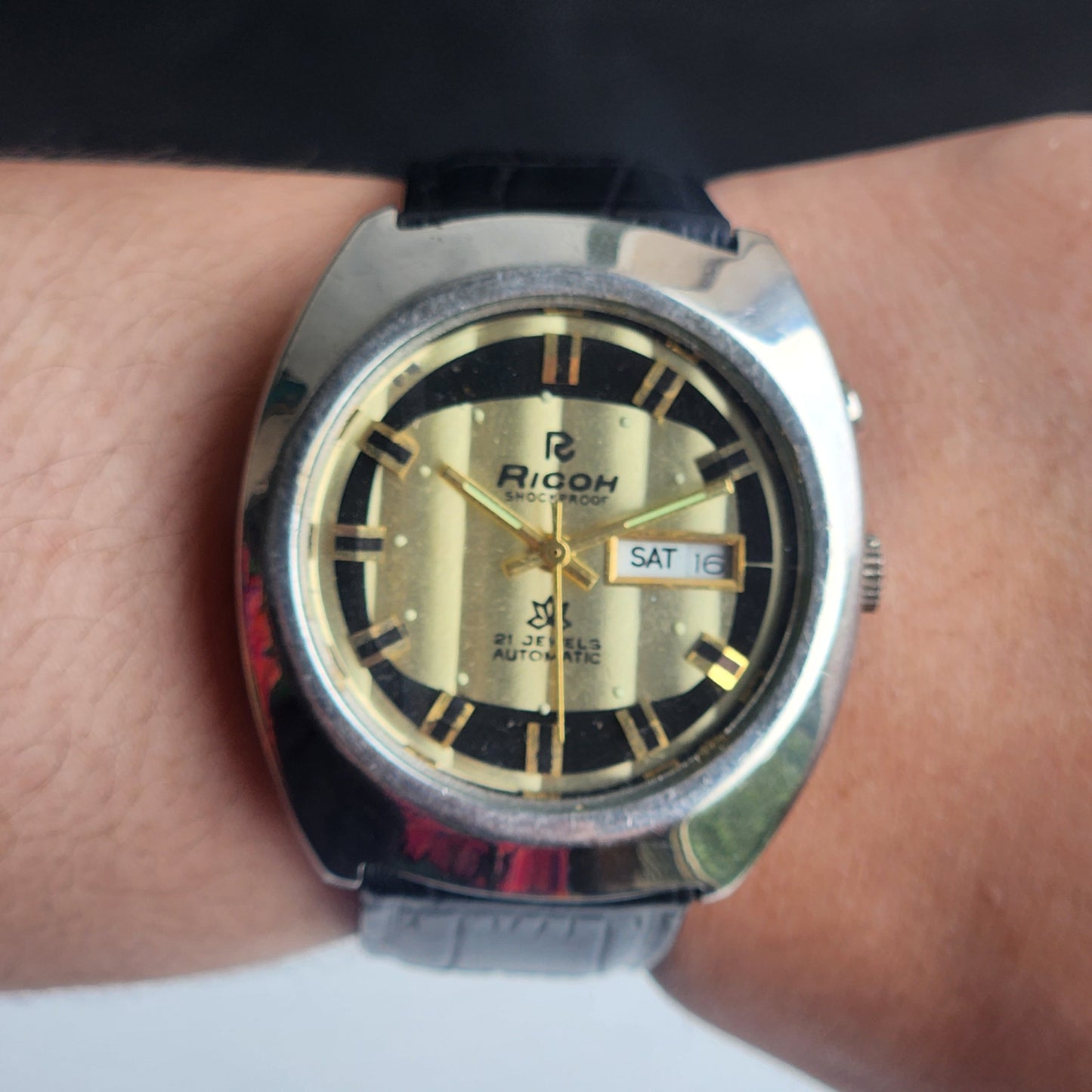 Vintage Original Ricoh R31 Golden Face Automatic 21 Jewels Black Croco Leather Strap Men's Wrist Watch G25