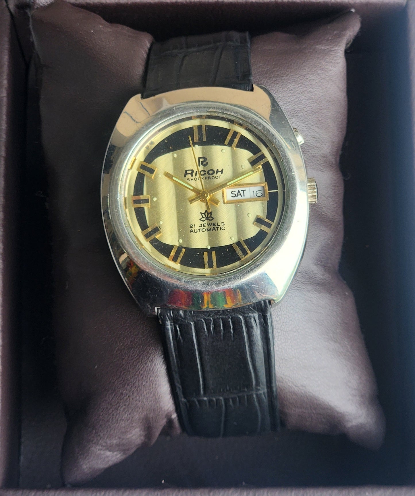 Vintage Original Ricoh R31 Golden Face Automatic 21 Jewels Black Croco Leather Strap Men's Wrist Watch G25